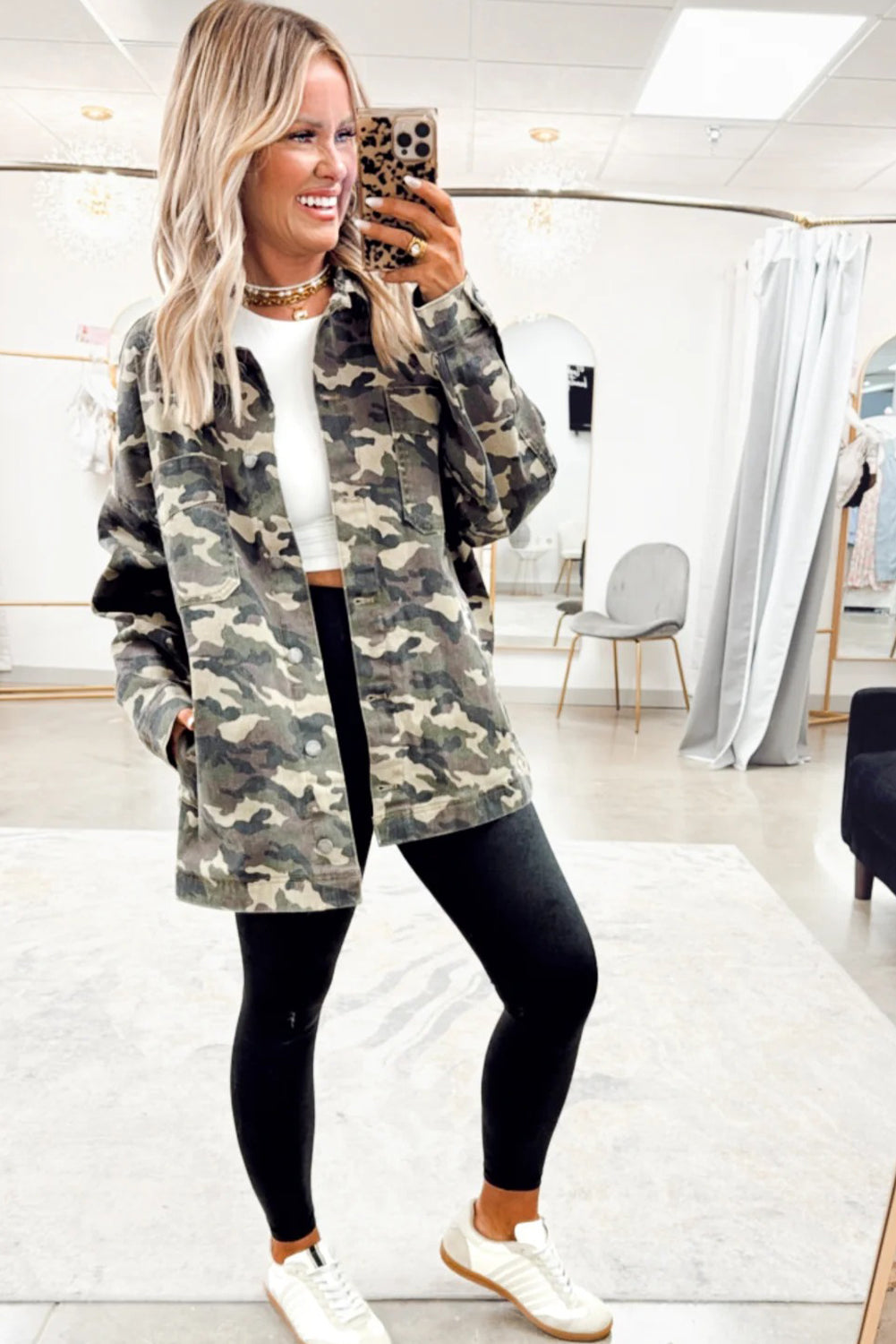 Green Camo Chest Pockets Loose Denim Jacket