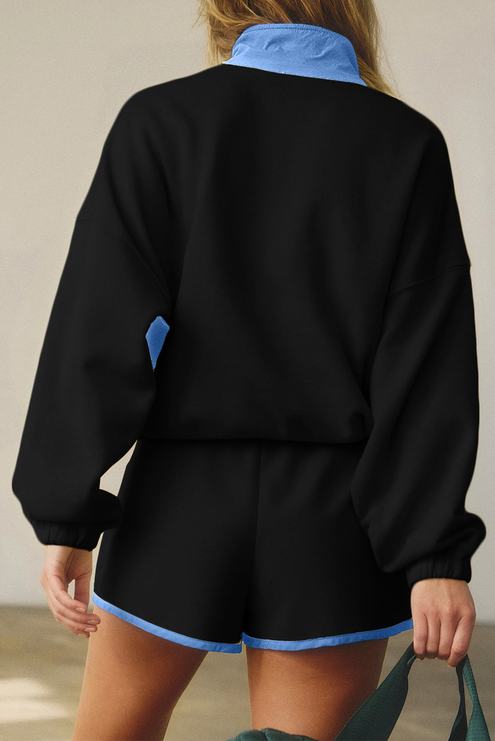 Colorblock Patchwork Half Button Pullover and Shorts Outfit- 4 COLOR OPTIONS