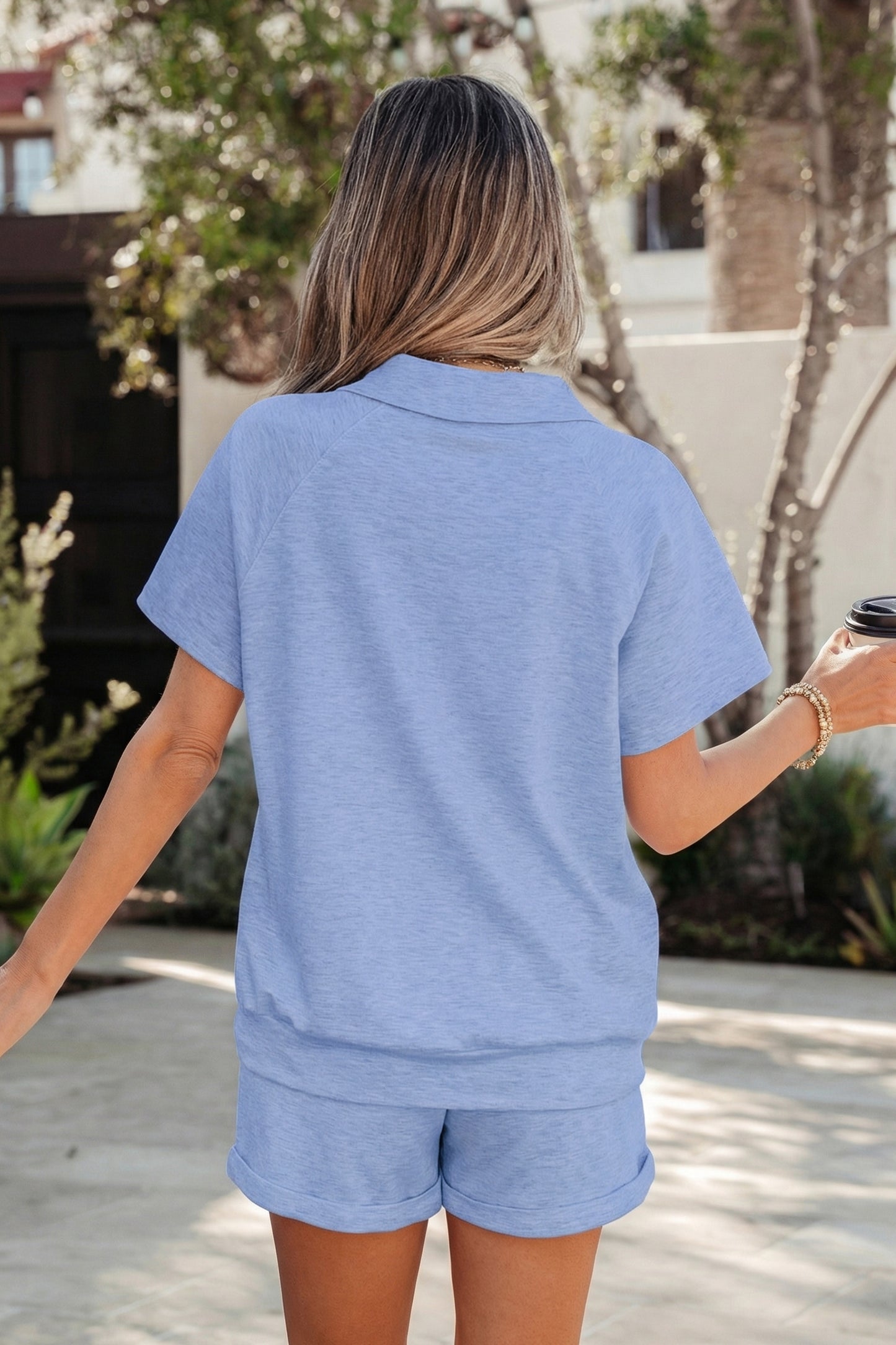Collared V Neck Tee Drawstring Elastic Waist Shorts 2pcs Outfit -3 COLOR OPTIONS