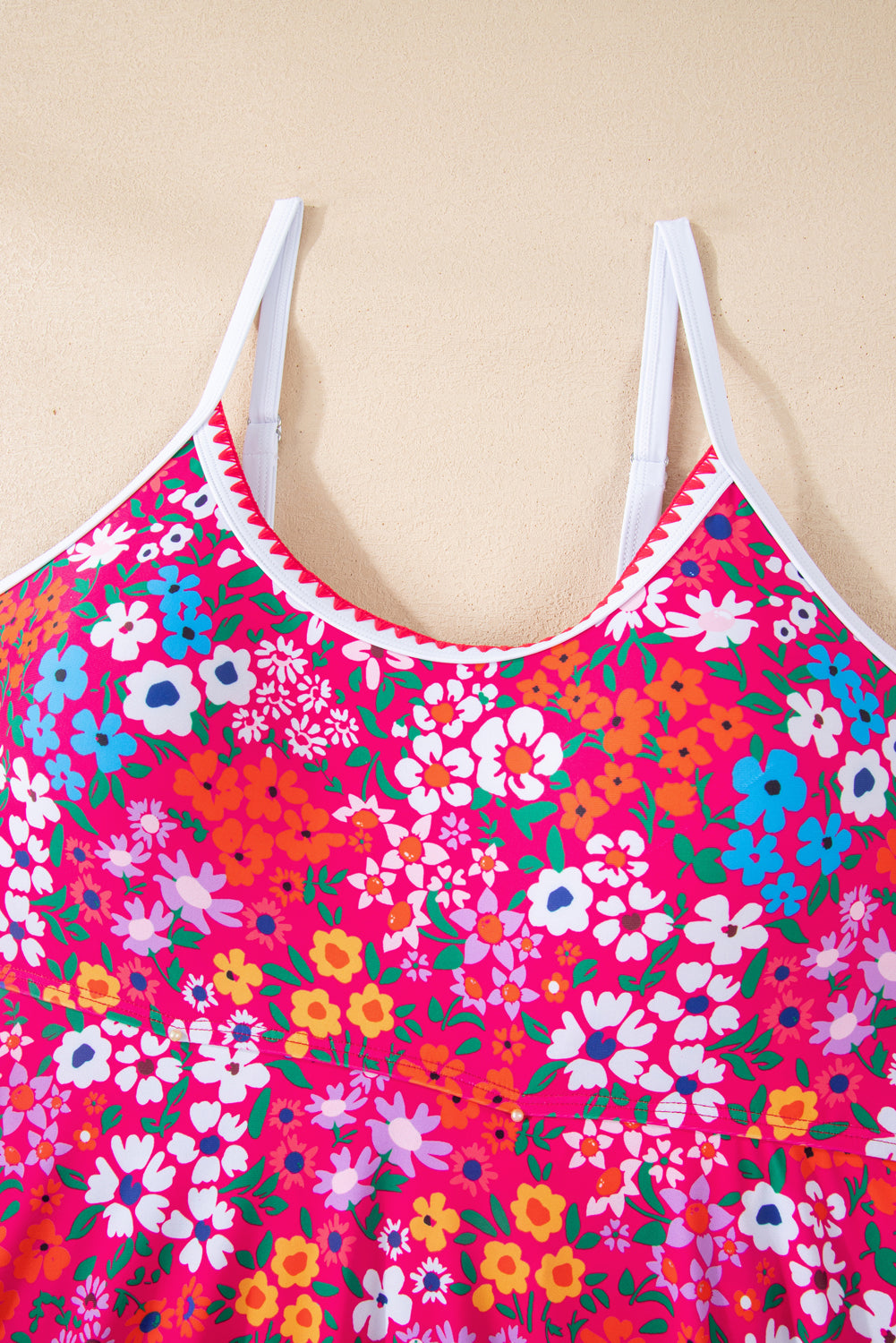 Floral Print Ricrac Trim Spaghetti Strap One Piece Swim Dress -2 COLOR OPTIONS