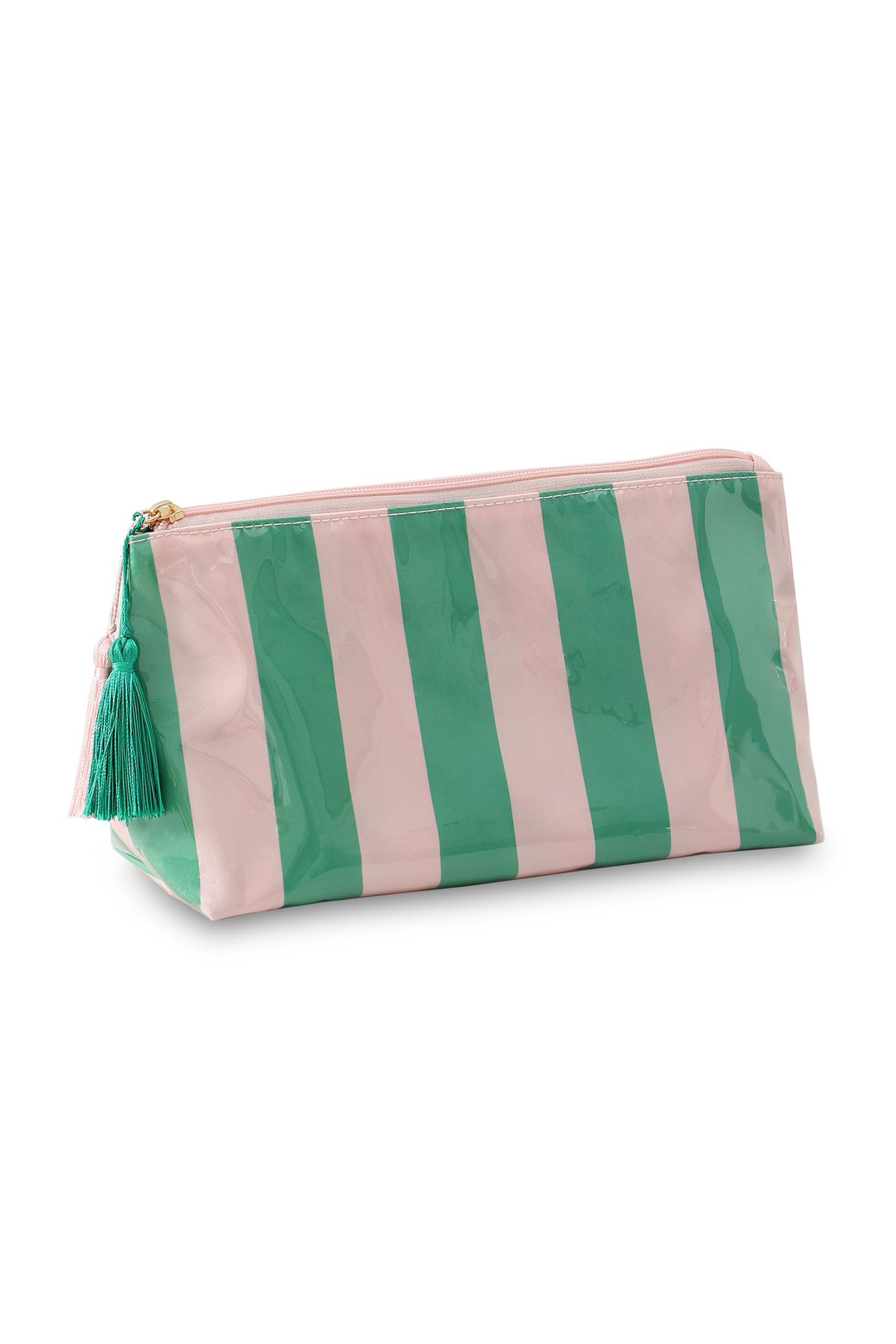 Striped Vinyl Waterproof Tassel Zipper Makeup Bag- 4 COLOR OPTIONS