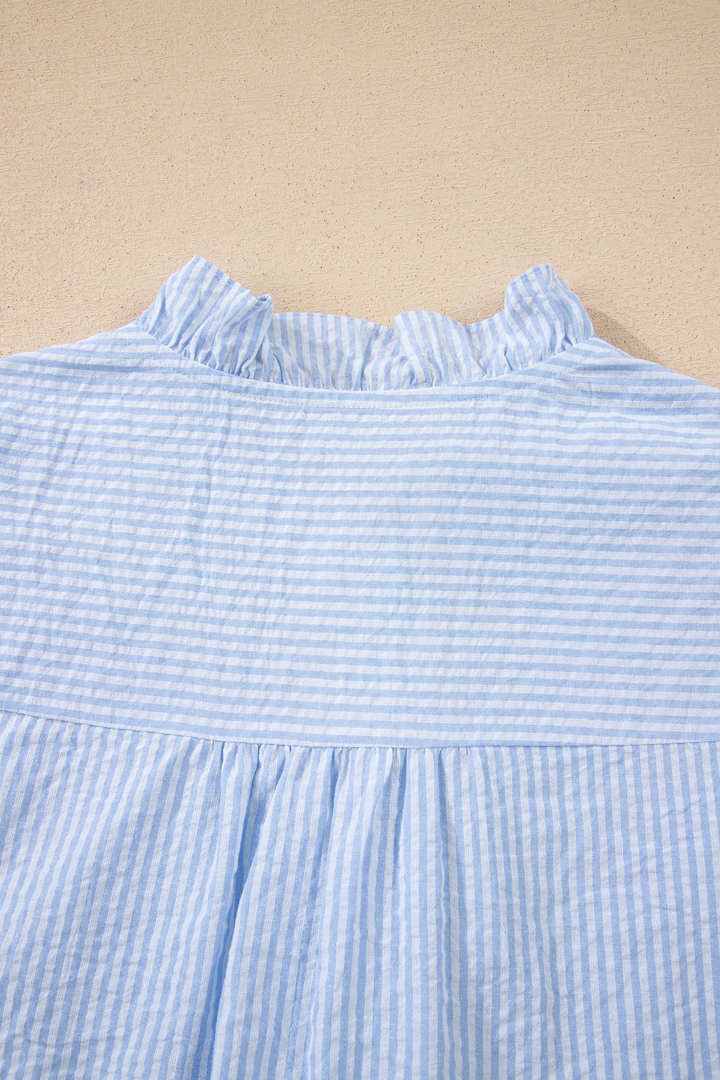 Sky Blue Stripe Floral Embroidered Puff Sleeve Ruffle Trim Shirt