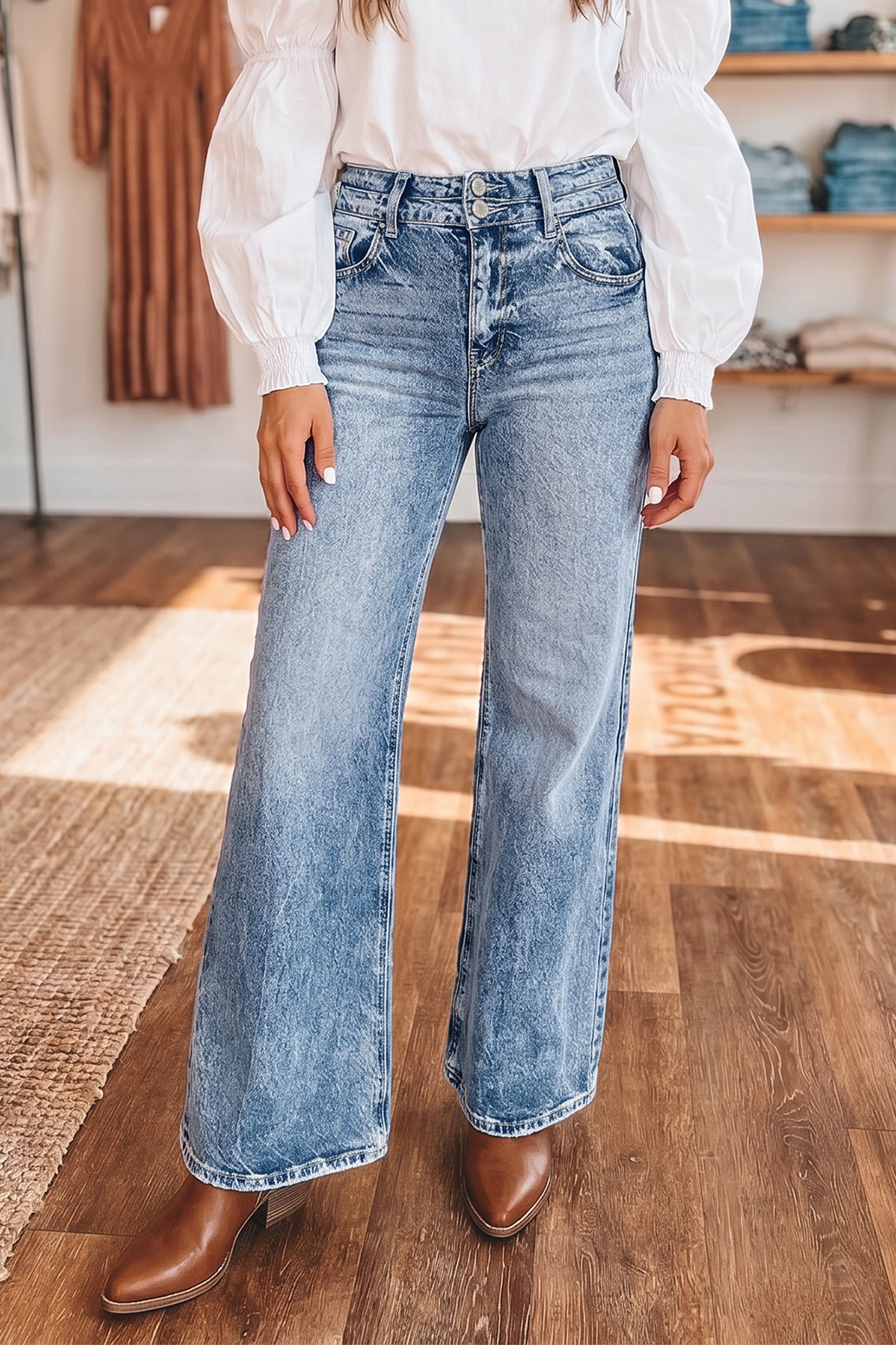 Blue Acid Wash Pocket Detail Flare Jeans -2 COLOR OPTIONS