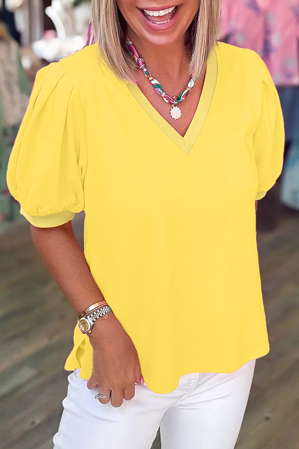 Solid Color V Neck Short Puff Sleeve Blouse -4 COLOR OPTIONS
