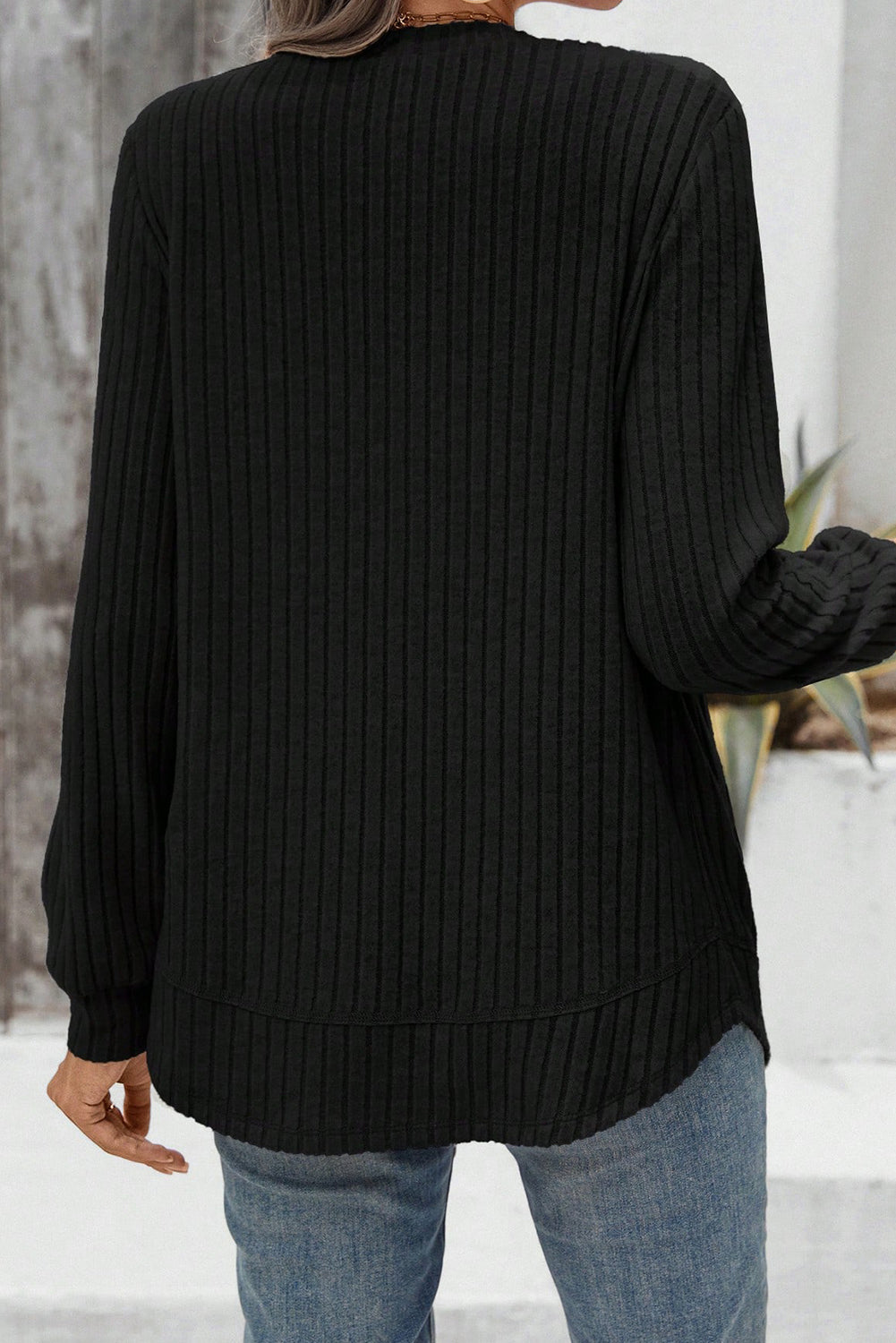 Ribbed Texture Round Neck Long Sleeve Rounded Hem Top -3 COLOR OPTIONS