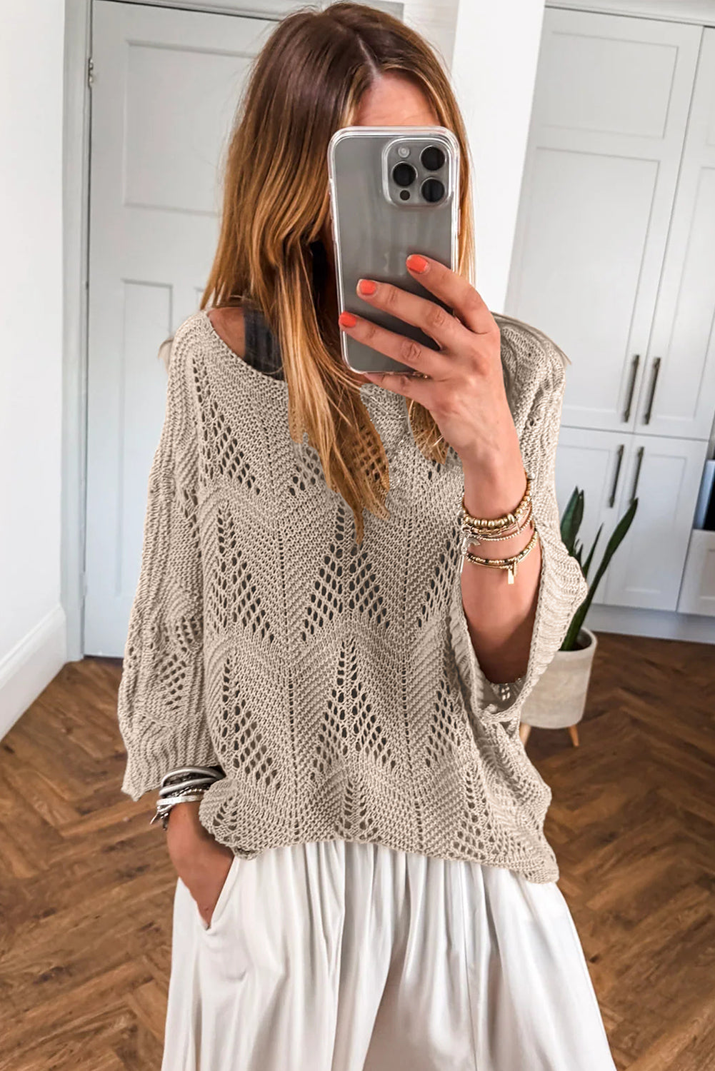 Hollow Out Knit 3/4 Sleeve Casual Sweater -2 COLOR OPTIONS