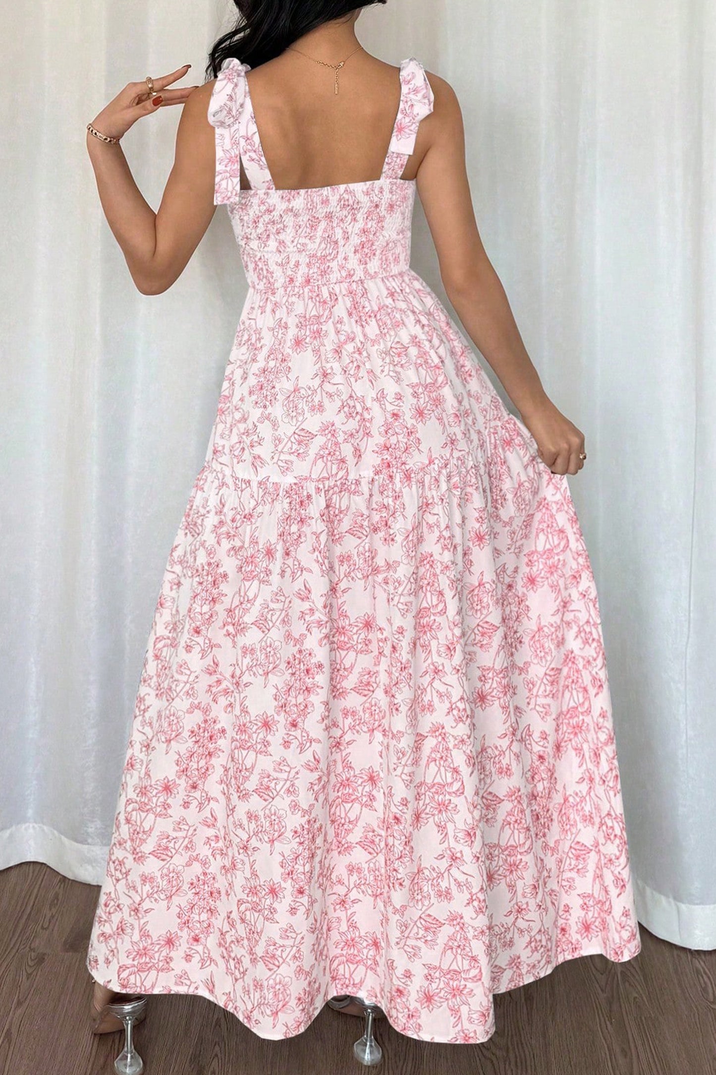 Floral Print Knot Straps High Waist Flared Maxi Dress- 2 COLOR OPTIONS