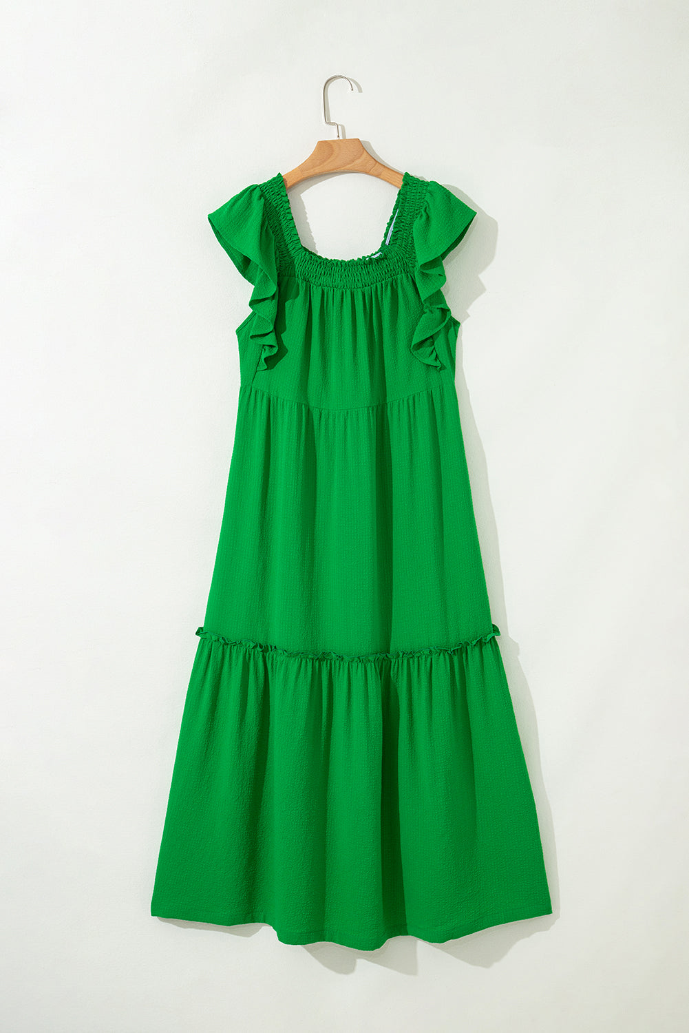Green Ruffled Flutter Sleeve Square Neck Textured Tiered Maxi Dress