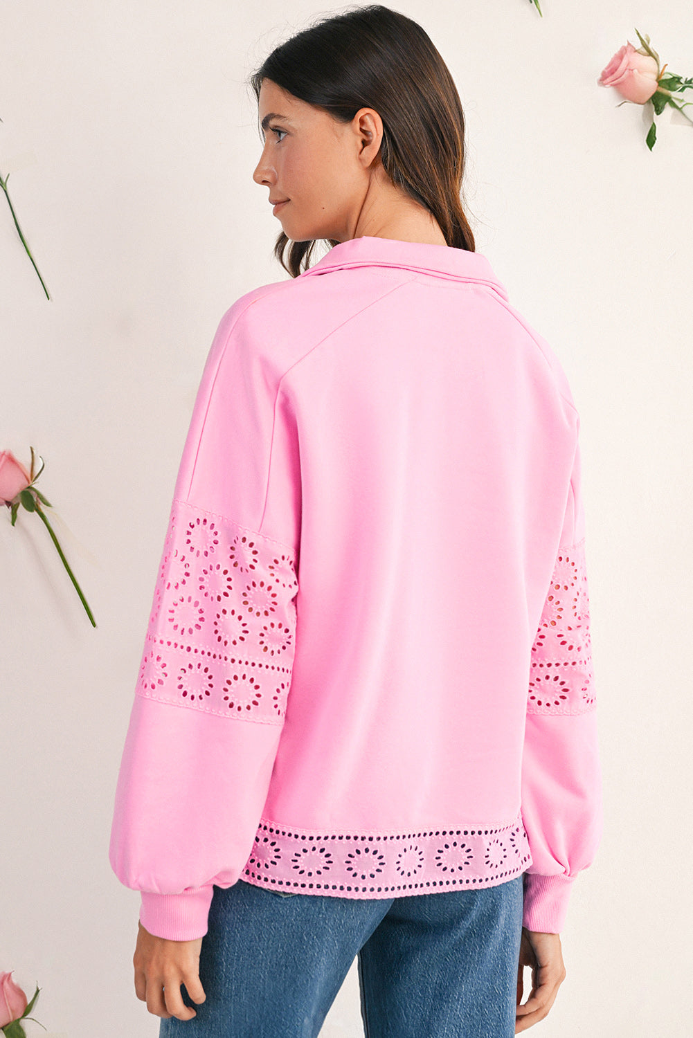 Embroidered Flower Patchwork Snap Buttons Pullover Sweatshirt -2 COLOR OPTIONS