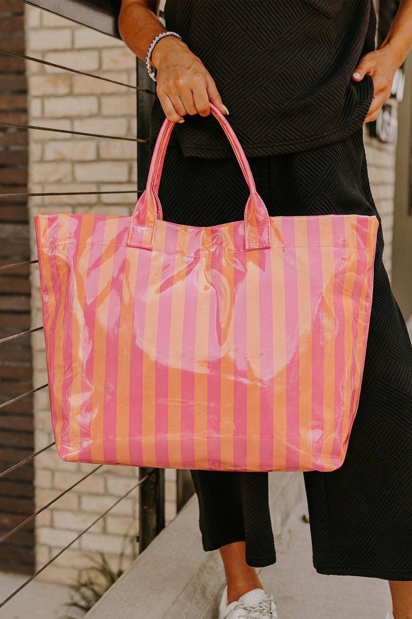 Rainbow Glossy Striped Vinyl Large Tote Bag -8 COLOR OPTIONS