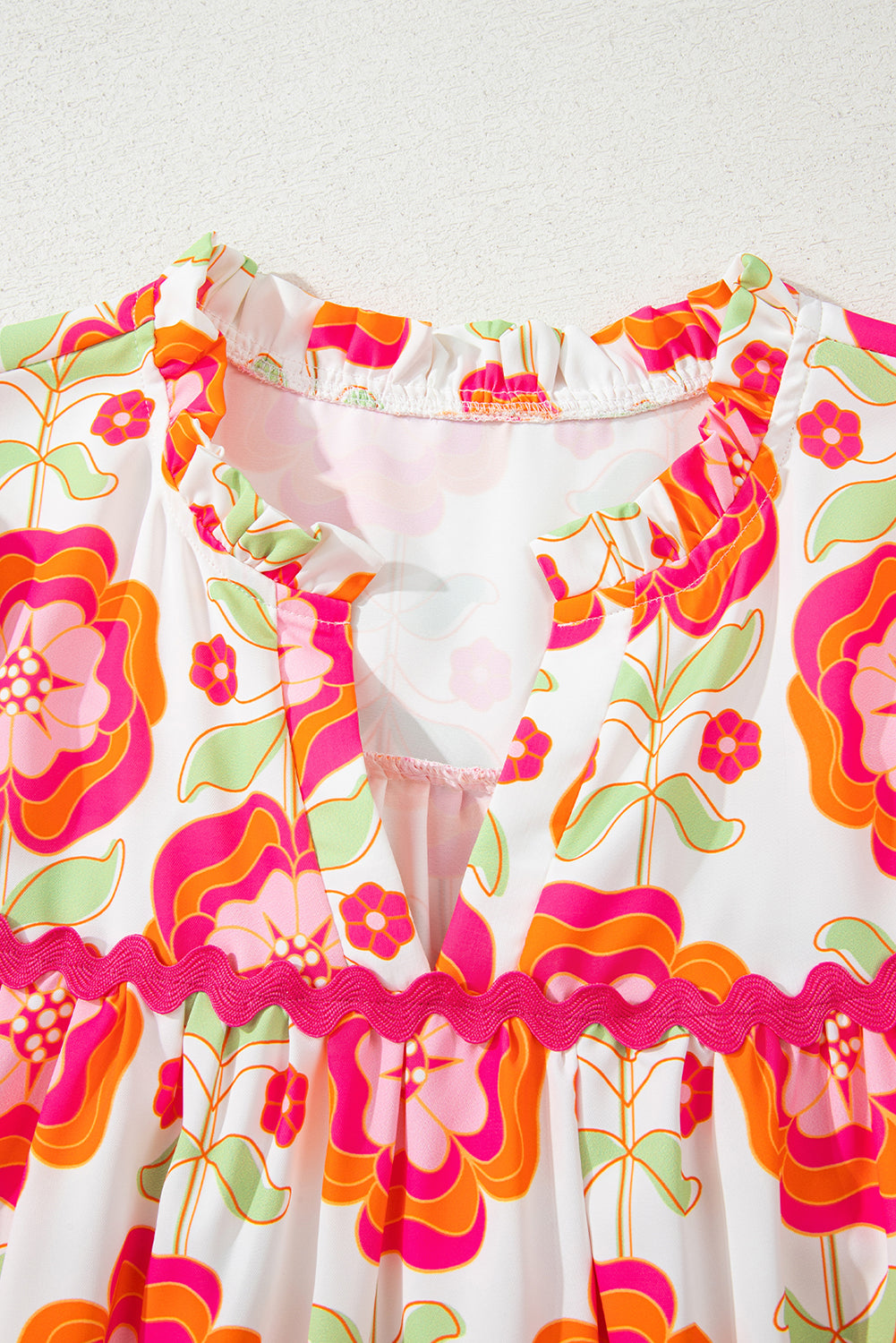 Rose Floral V Neck Ricrac Trim Ruffle Long Sleeve Blouse