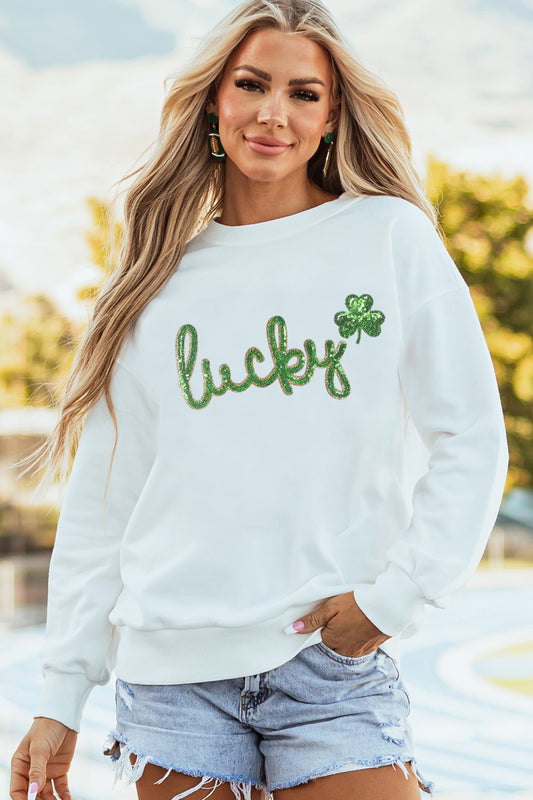 White Irish Festive Sequin lucky Clover Graphic Sweatshirt