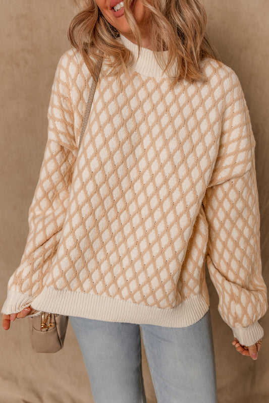 Checkered Textured Knit Mock Neck Sweater