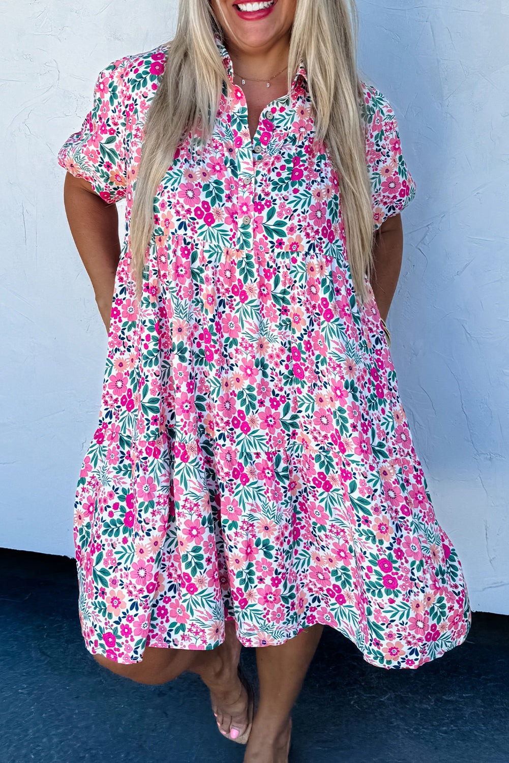 PLUS SIZE- Pink Floral Half Button Puff Sleeve A Line Dress
