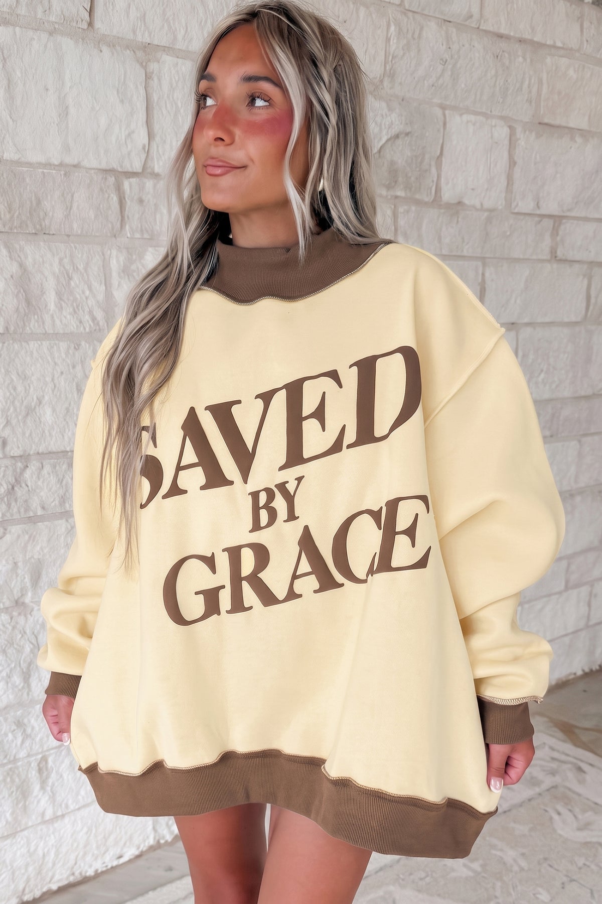 Saved By Grace Print Color Block Mock Neck Oversized Sweatshirt -2 COLOR OPTIONS