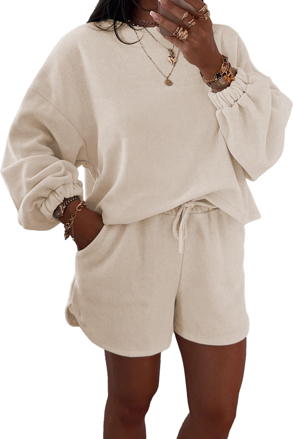 Textured Knit Drop Shoulder Pullover Drawstring Shorts Set -4 COLOR OPTIONS
