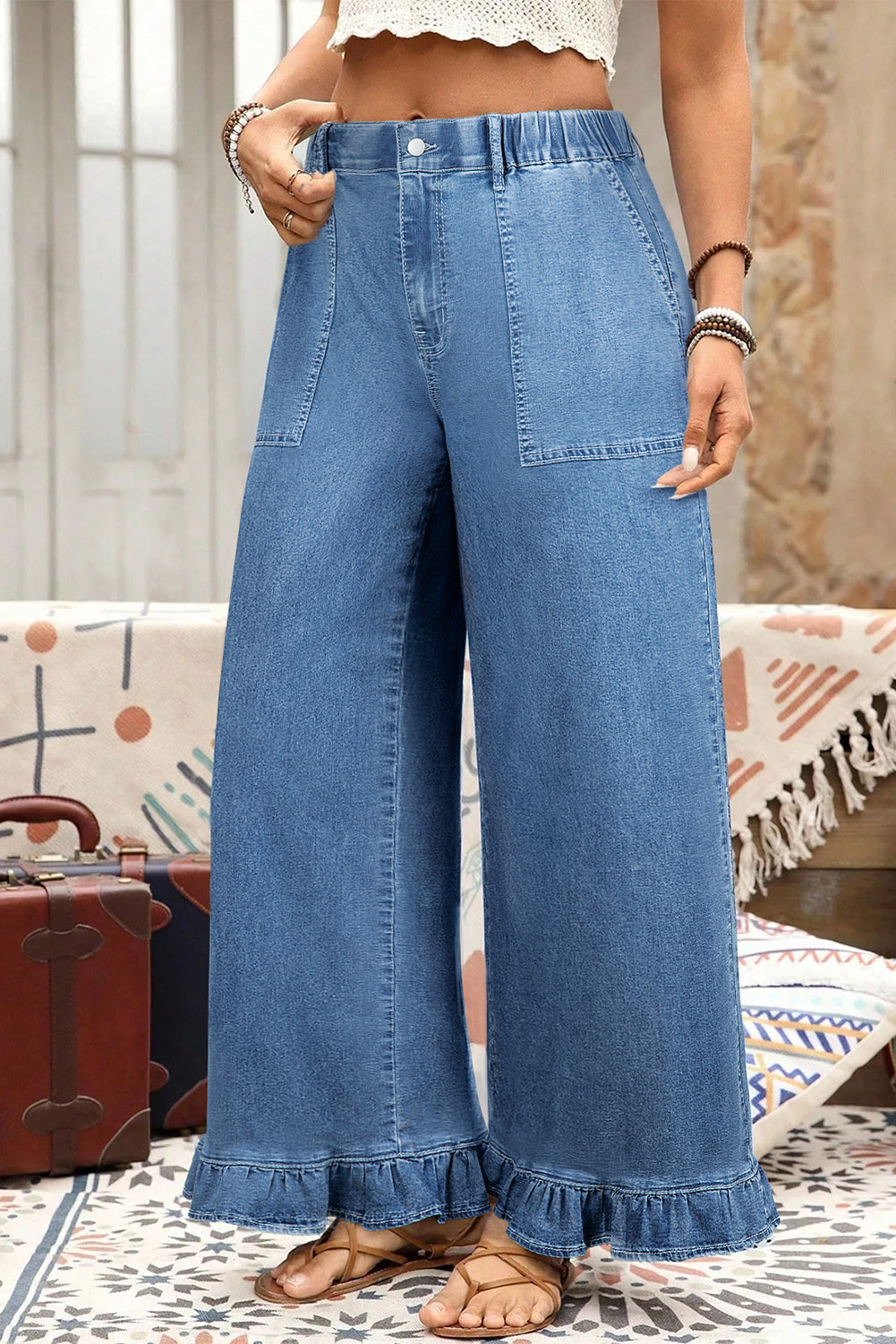 PLUS SIZE -Elastic Waist Ruffled Wide Leg Denim Pants Plus Size -4 COLOR OPTIONS