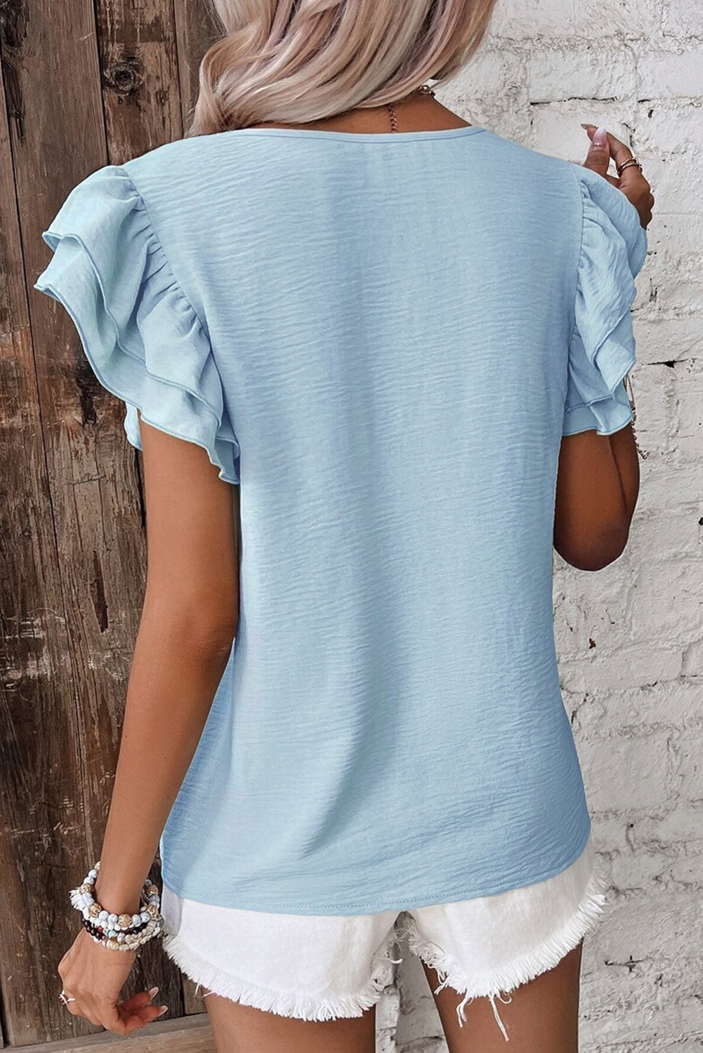 Solid Color Ruffle Sleeve Crinkled Blouse -2 COLOR OPTIONS