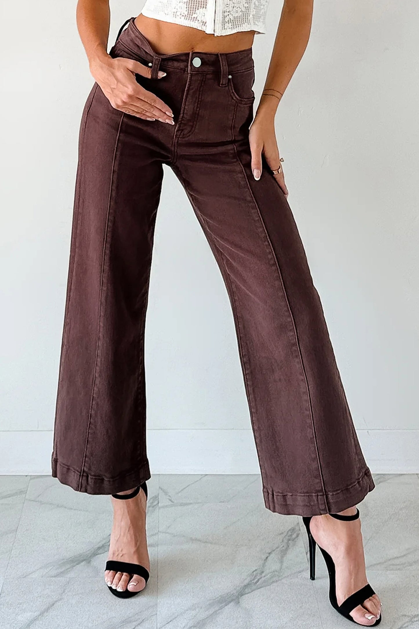 Solid Color Seamed Center Wide Leg Cropped Jeans -2 COLOR OPTIONS