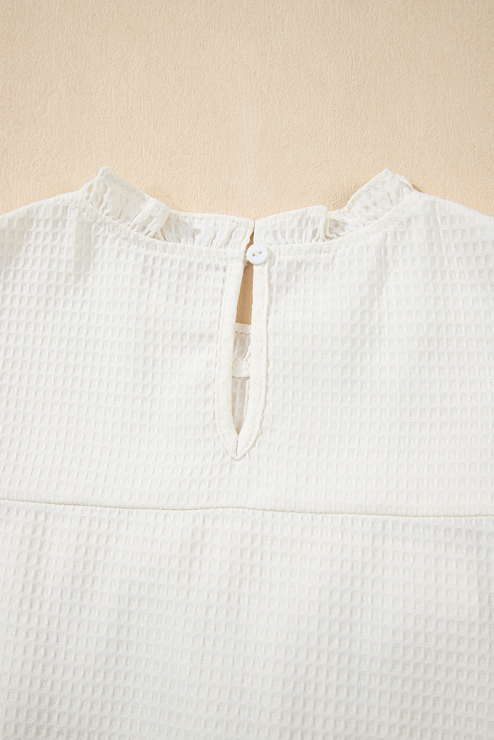 White Solid Color Ruffle Trim Waffle Textured Blouse