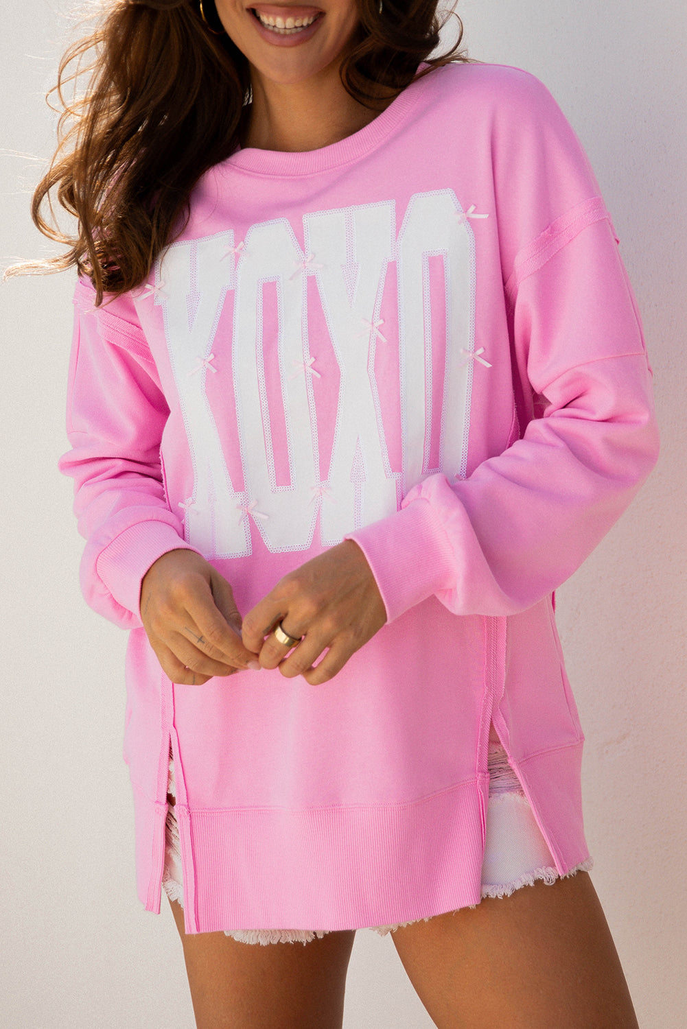 Bow Sequin XOXO Letter Graphic Exposed Seam Baggy Sweatshirt -3 COLOR OPTIONS