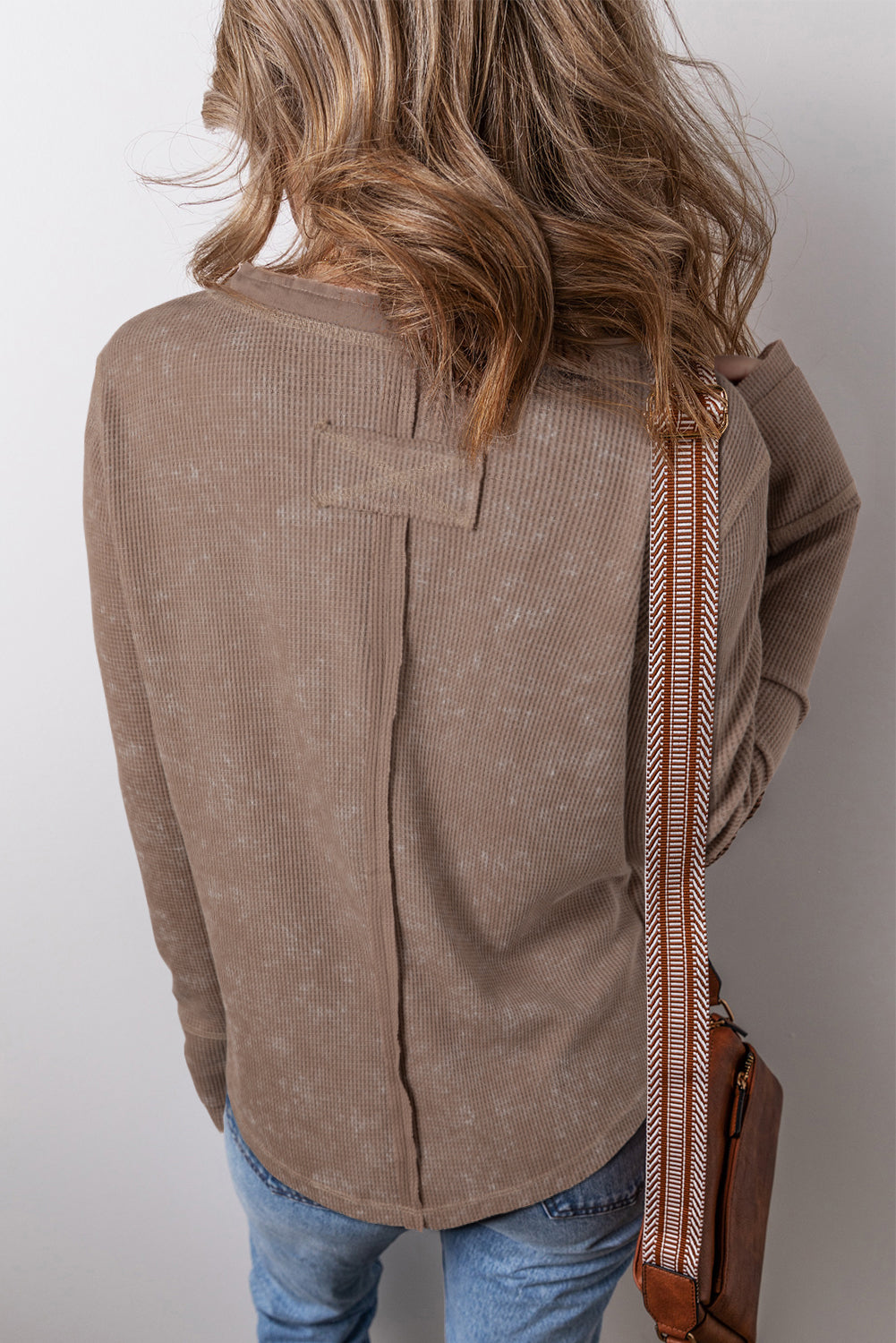 Coffee Button V Neck Waffle Knit Top