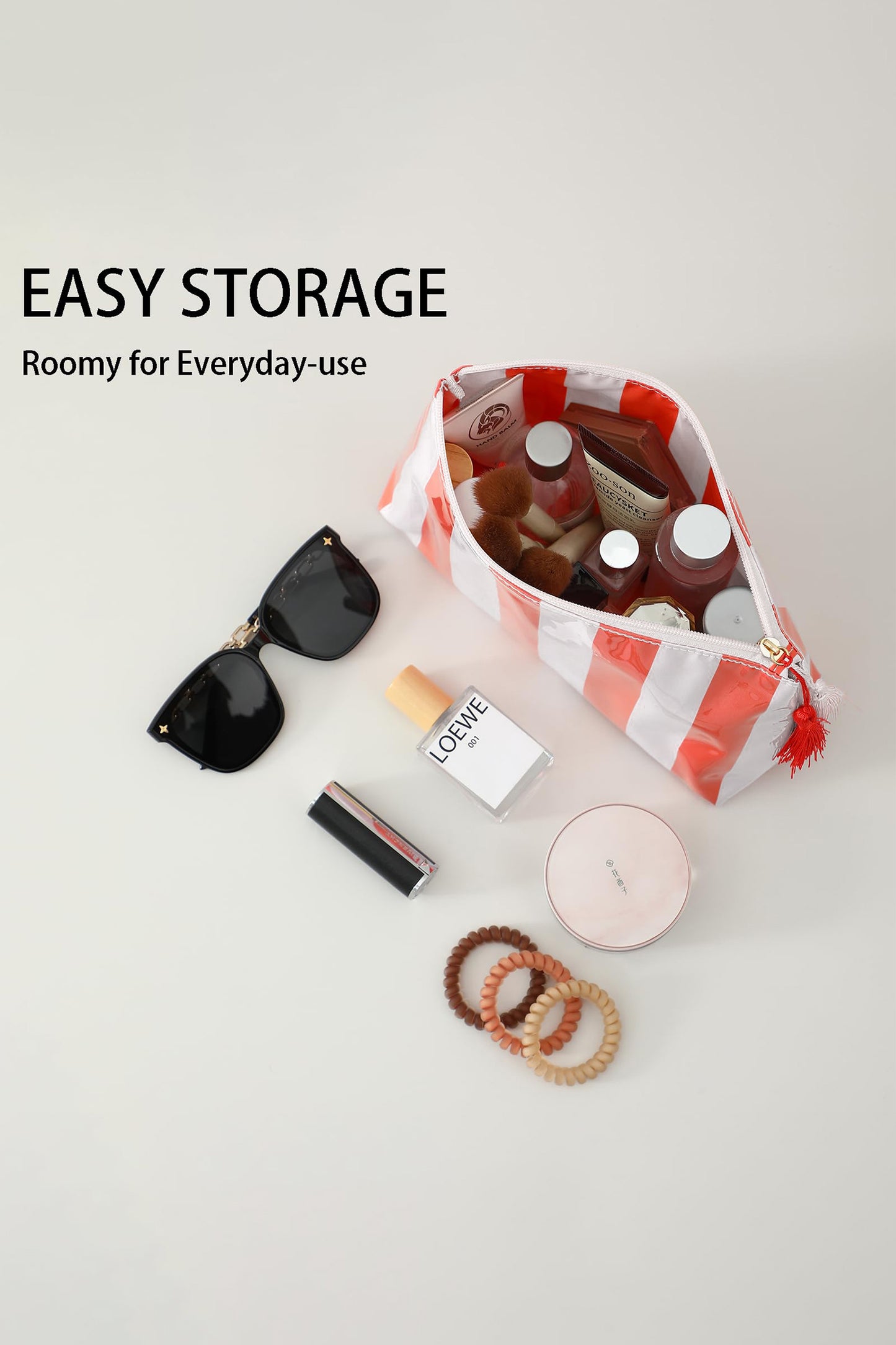 Striped Vinyl Waterproof Tassel Zipper Makeup Bag- 4 COLOR OPTIONS
