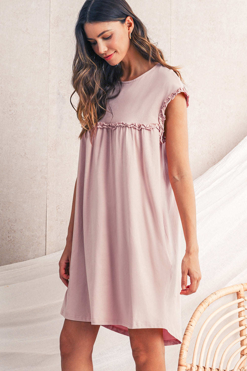 Frilled Trim Crewneck Loose Fit Mini Dress -2 COLOR OPTIONS