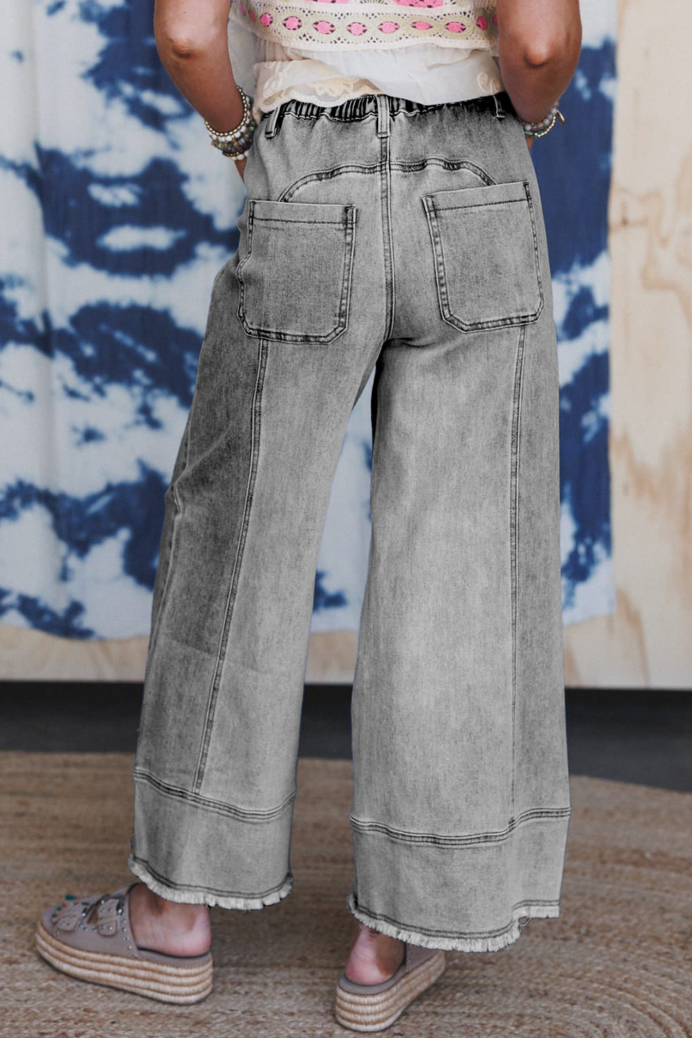 Drawstring Seam Detail Raw Hem Wide Leg Jeans -2 COLOR OPTIONS