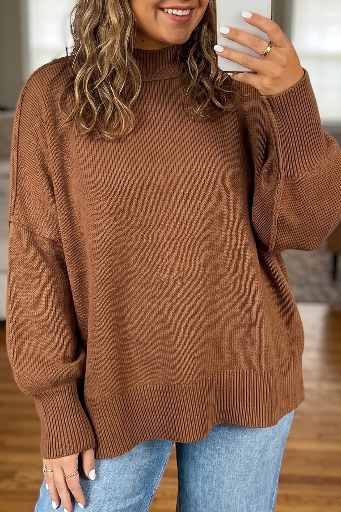 PLUS SIZE -Chestnut Oversized Ribbed Knit Long Sleeve Tunic Plus Size Sweater