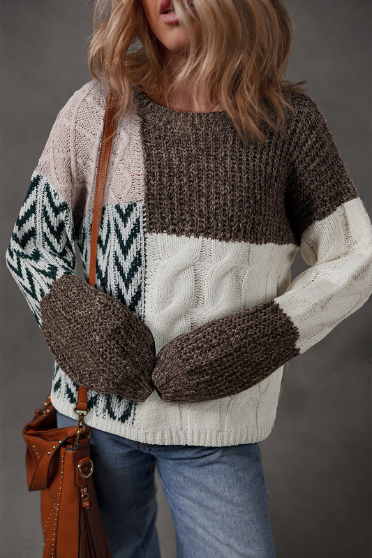 Brown Colorblock Patchwork Knotted Back Loose Fit Sweater