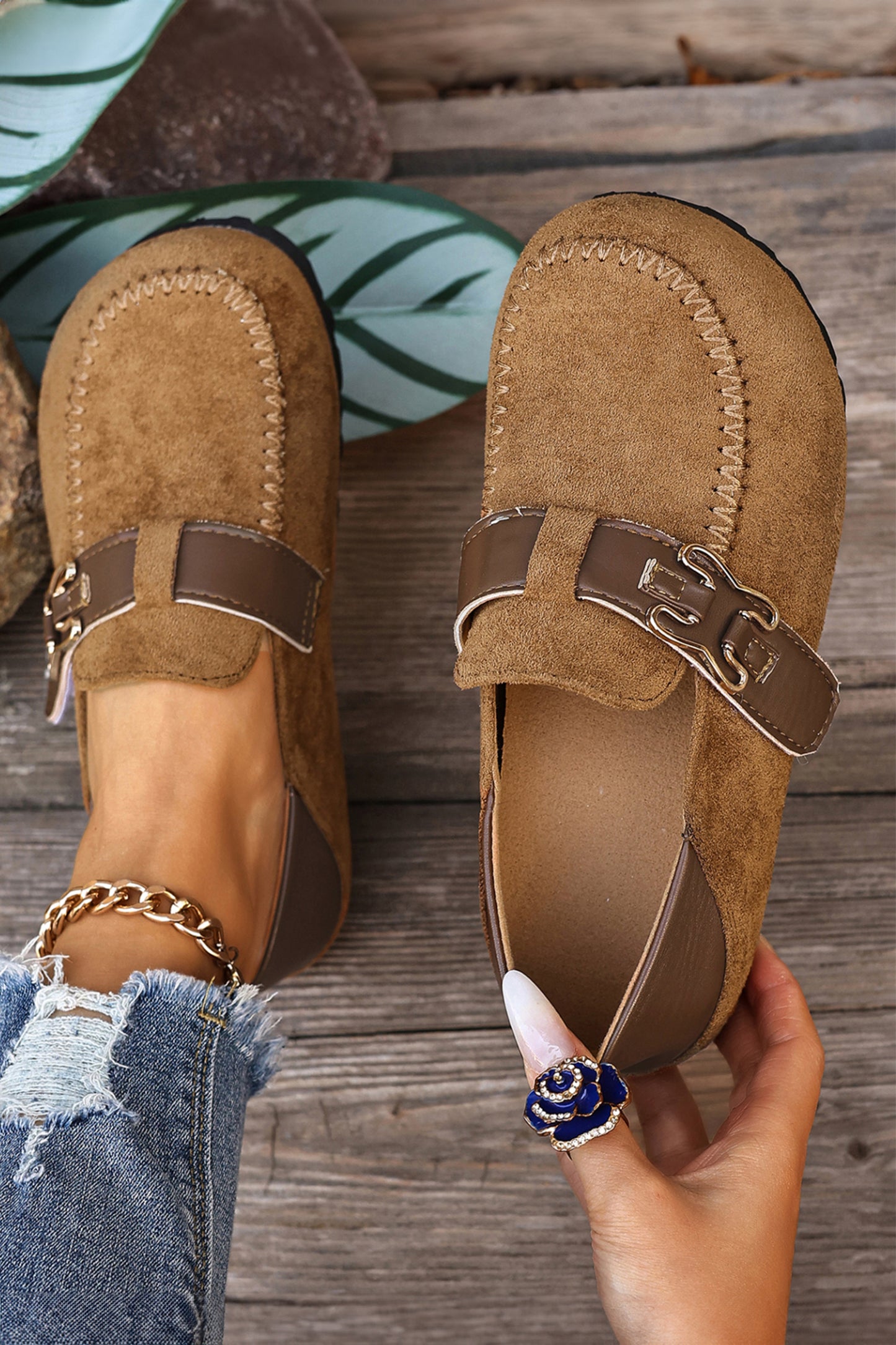 Suede PU Leather Patchwork Retro Buckle Slip On Shoes- 2 COLOR OPTIONS