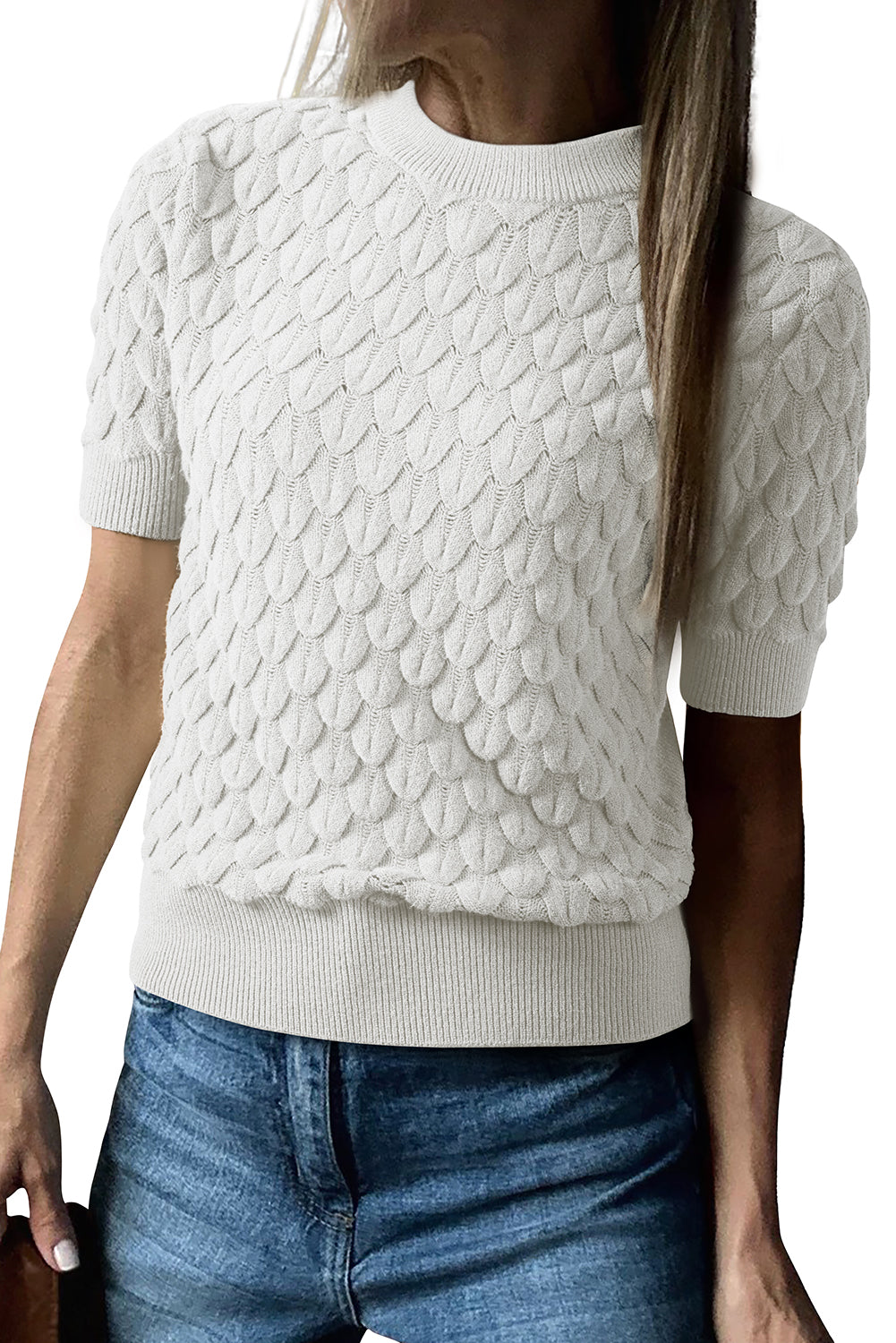 Scaled Textured Knit Ribbed High Neck Short Sleeve Sweater -2 COLOR OPTIONS