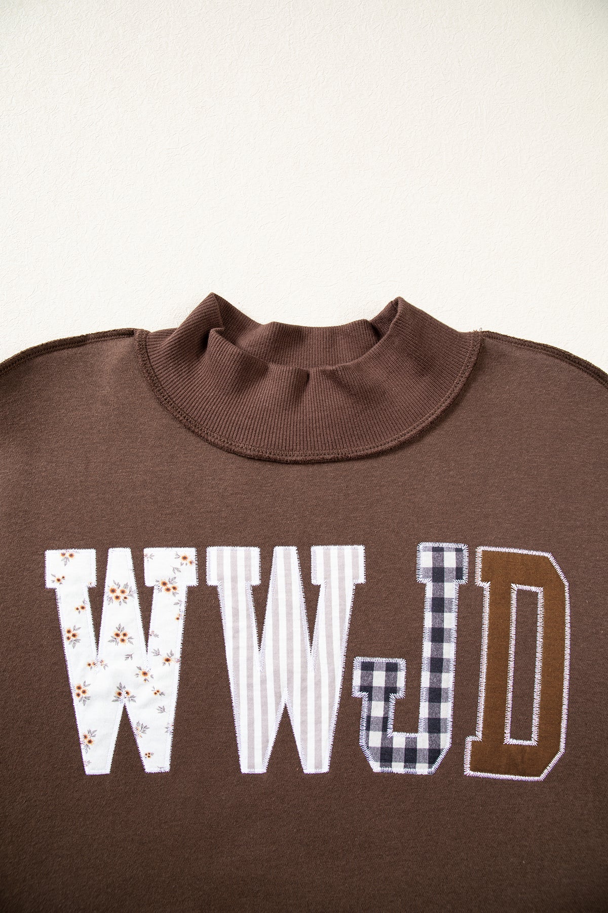 WWJD Mixed Pattern Embroidered Patch Graphic Mock Neck Sweatshirt -3 COLOR OPTIONS