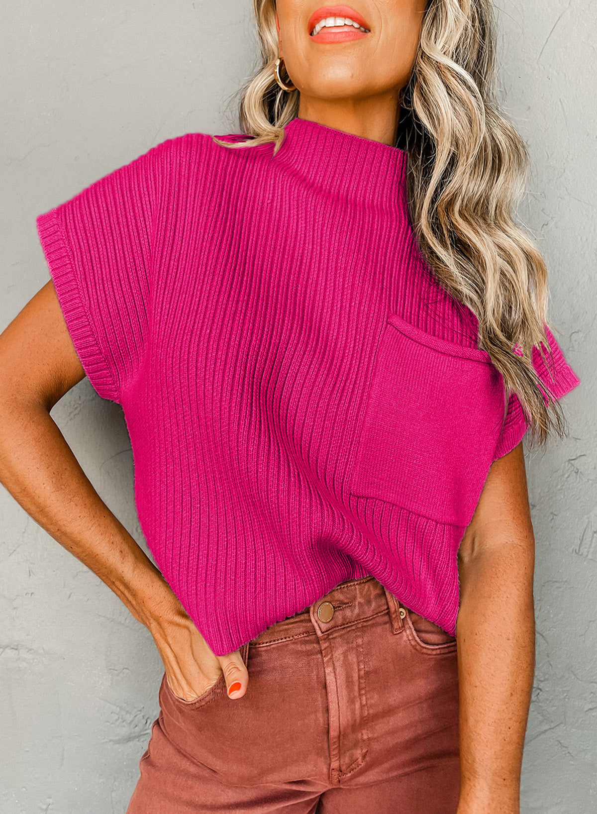 Patch Pocket Ribbed Knit Short Sleeve Sweater - 8 COLOR OPTIONS