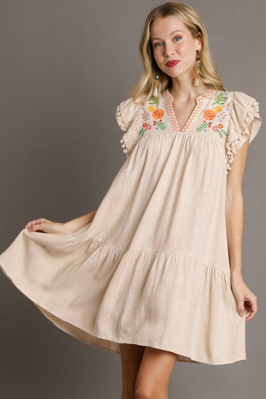 Jet Stream Linen Embroidery Split Neck Pom Pom Ruffle Sleeve Short Dress