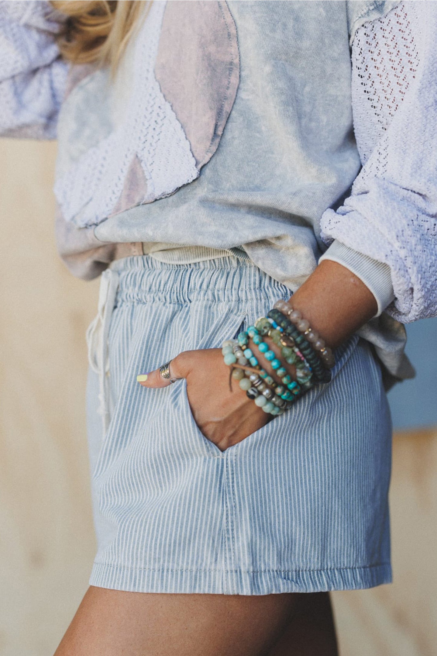 Stripe Drawstring Elastic Waist Casual Denim Shorts- 3 COLOR OPTIONS