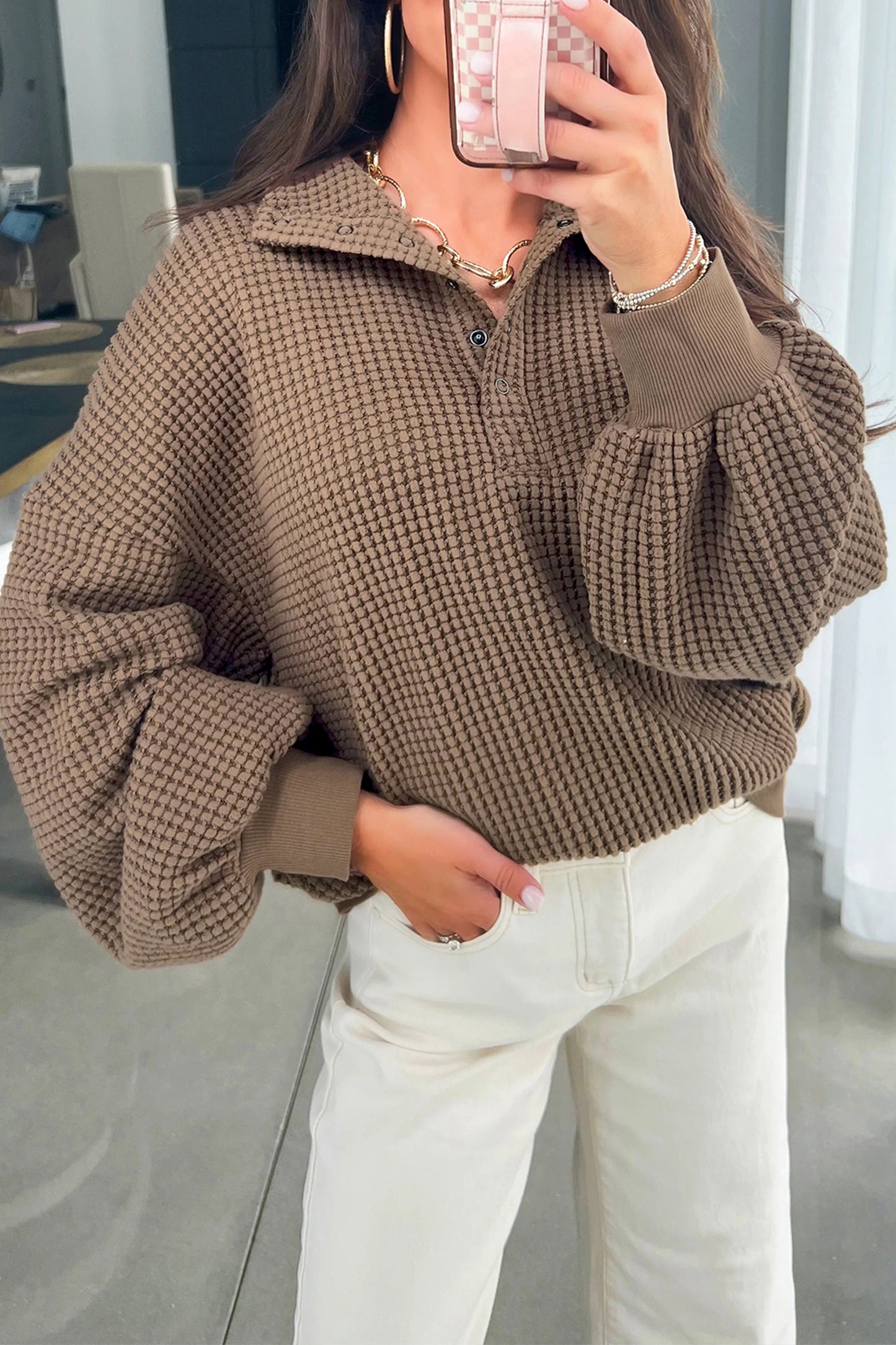 Casual Solid Color Textured Snap Button Collared Baggy Top -2 COLOR OPTIONS