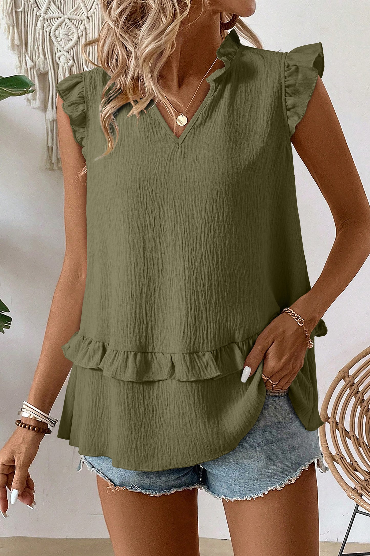 Notched V Neck Ruffle Detail Tank Top -3 COLOR OPTIONS
