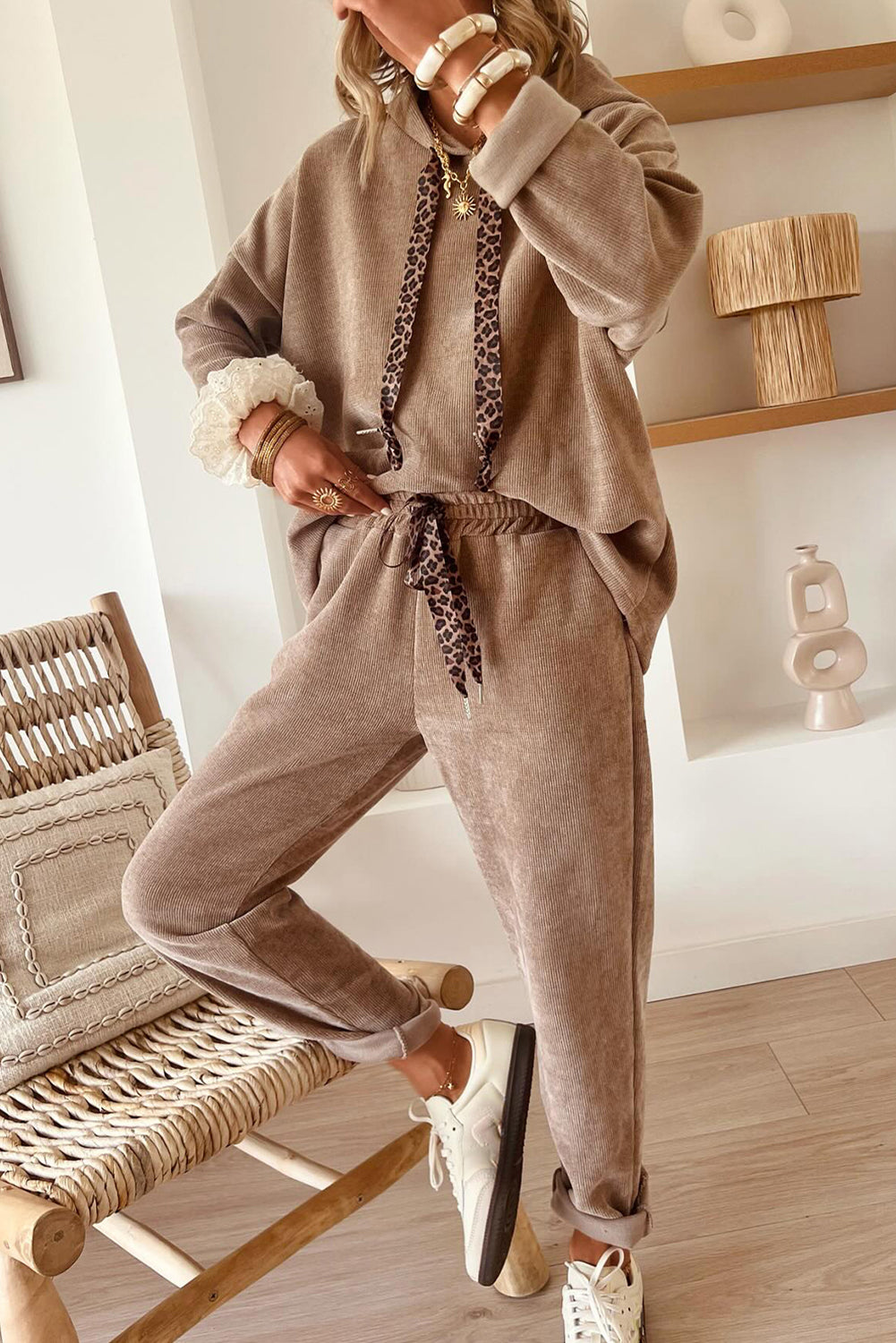 Drawstring Pullover Hoodie and High Waist Pants Corduroy Suit -2 COLOR OPTIONS