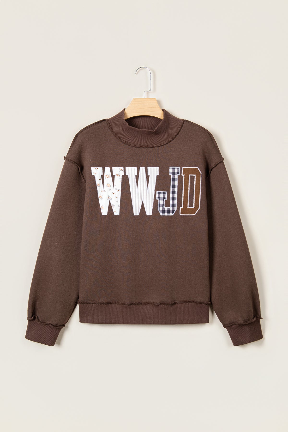 WWJD Mixed Pattern Embroidered Patch Graphic Mock Neck Sweatshirt -3 COLOR OPTIONS