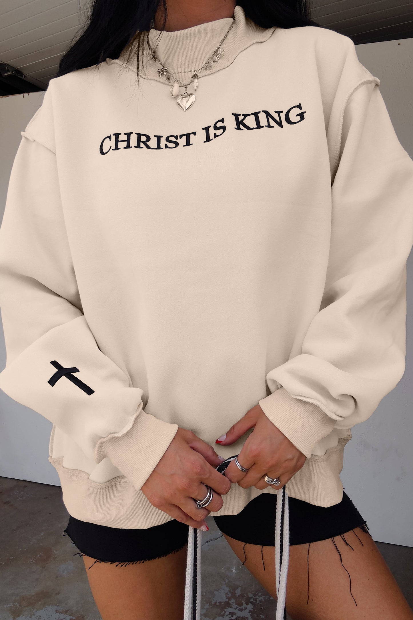 CHRIST IS KING Embroidery High Neck Baggy Sweatshirt -2 COLOR OPTIONS