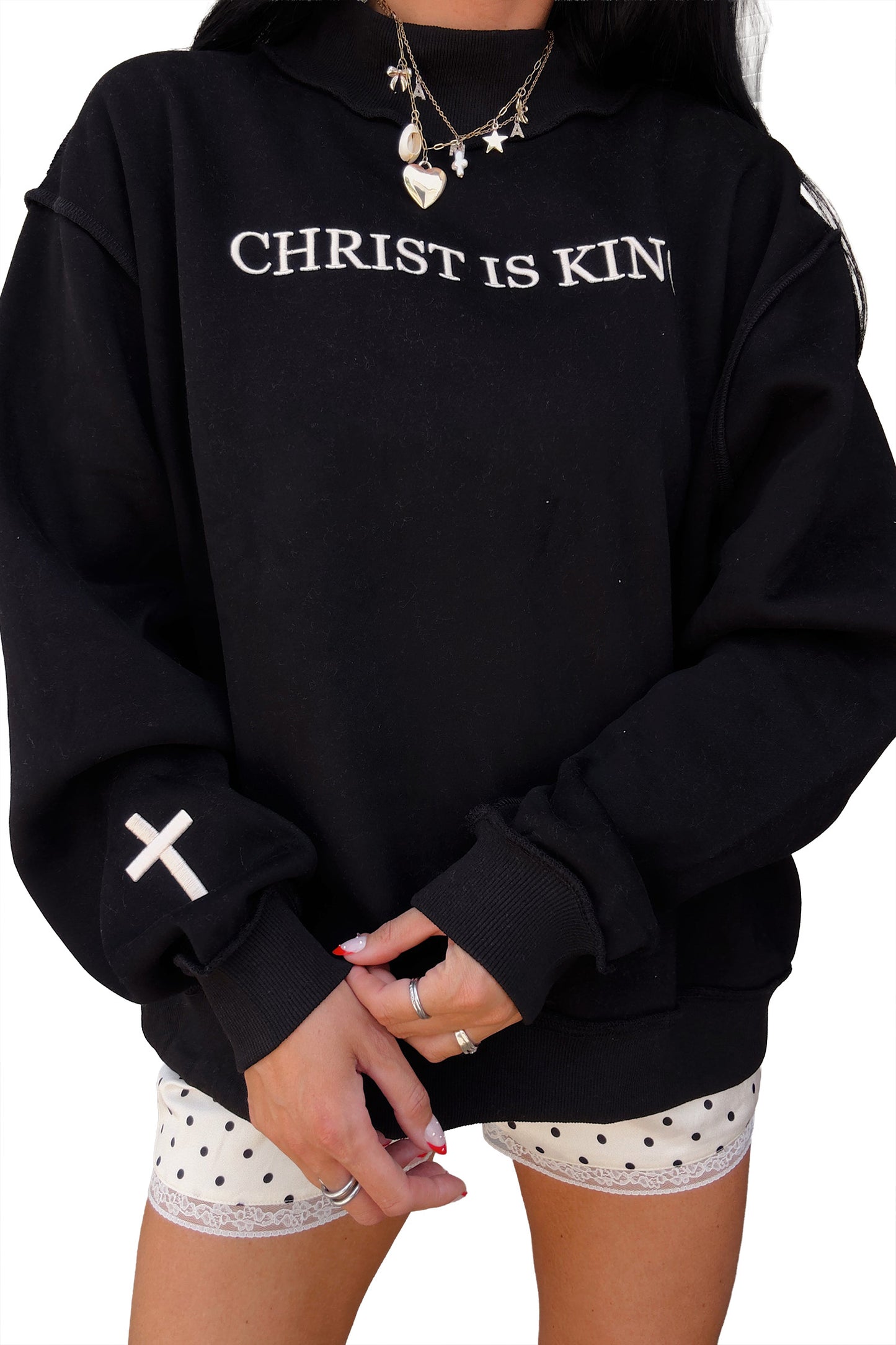 CHRIST IS KING Embroidery High Neck Baggy Sweatshirt -2 COLOR OPTIONS