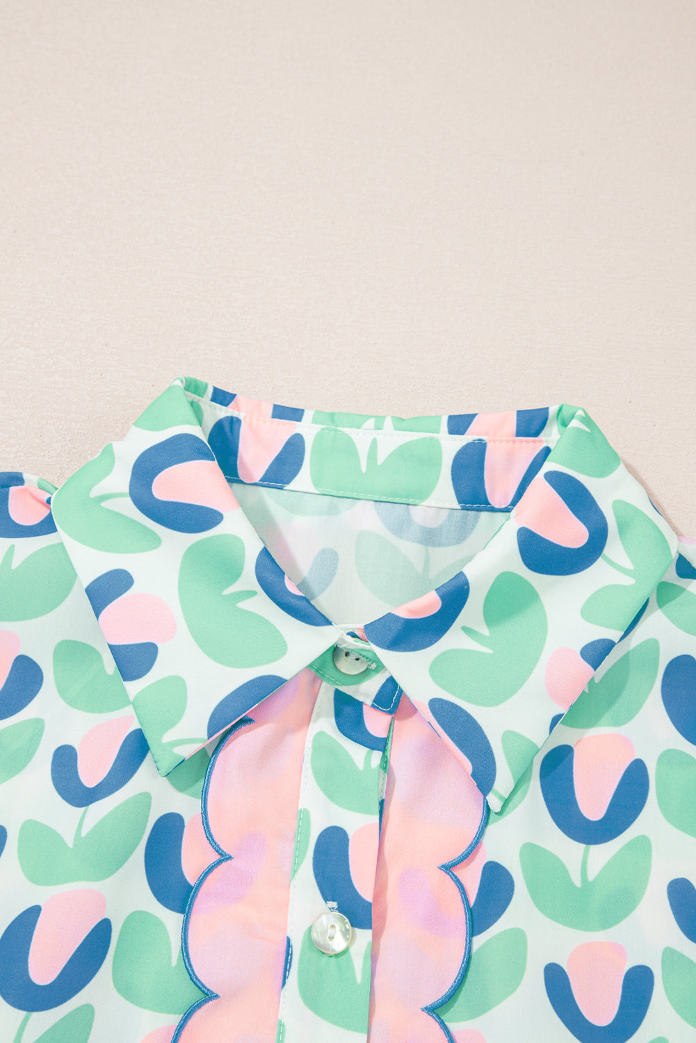 Green Floral Print Scallop Trim Pocket Mini Dress