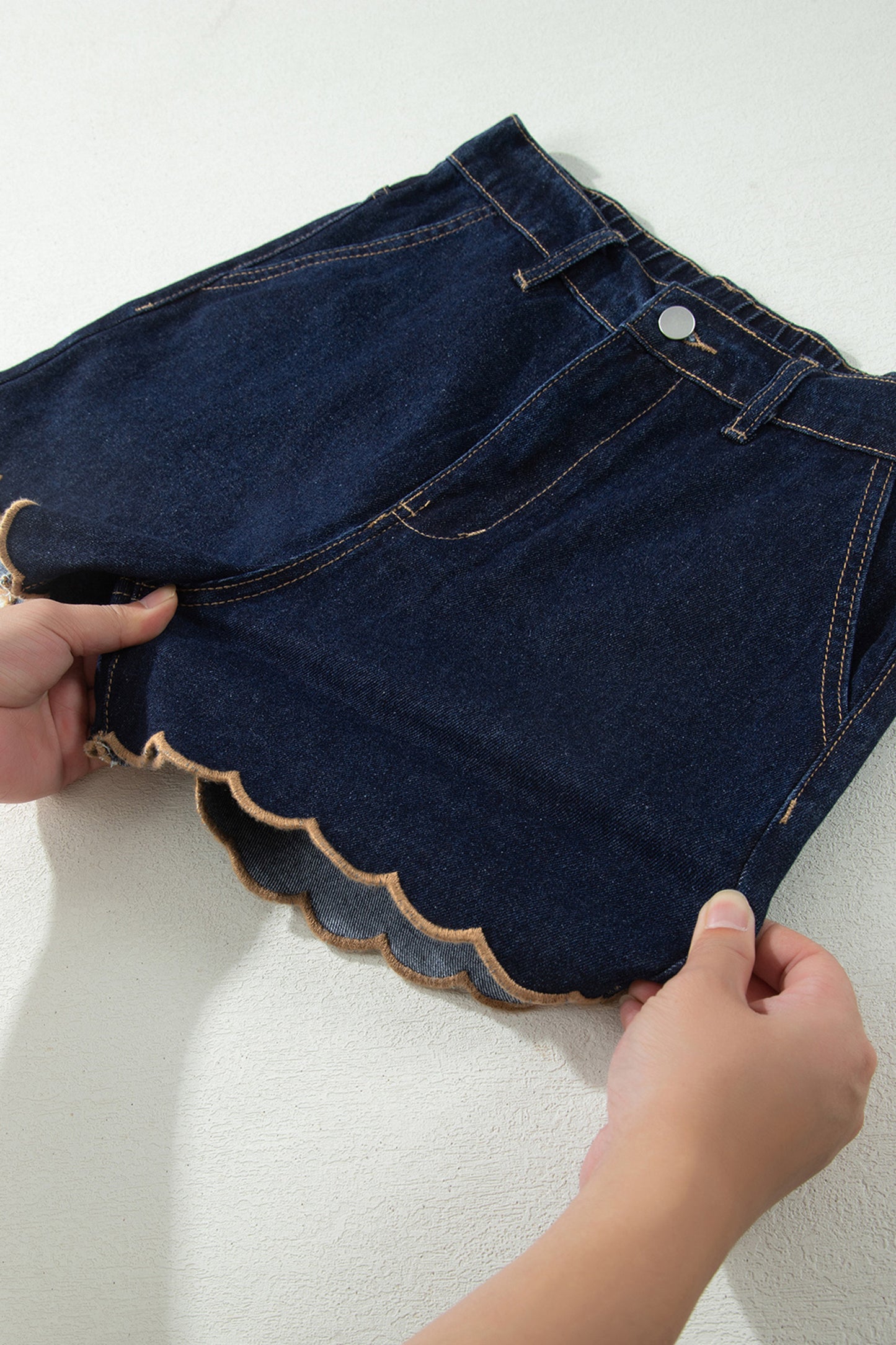 Embroidered Scalloped Trim Relaxed Denim Shorts- 2 COLOR OPTIONS