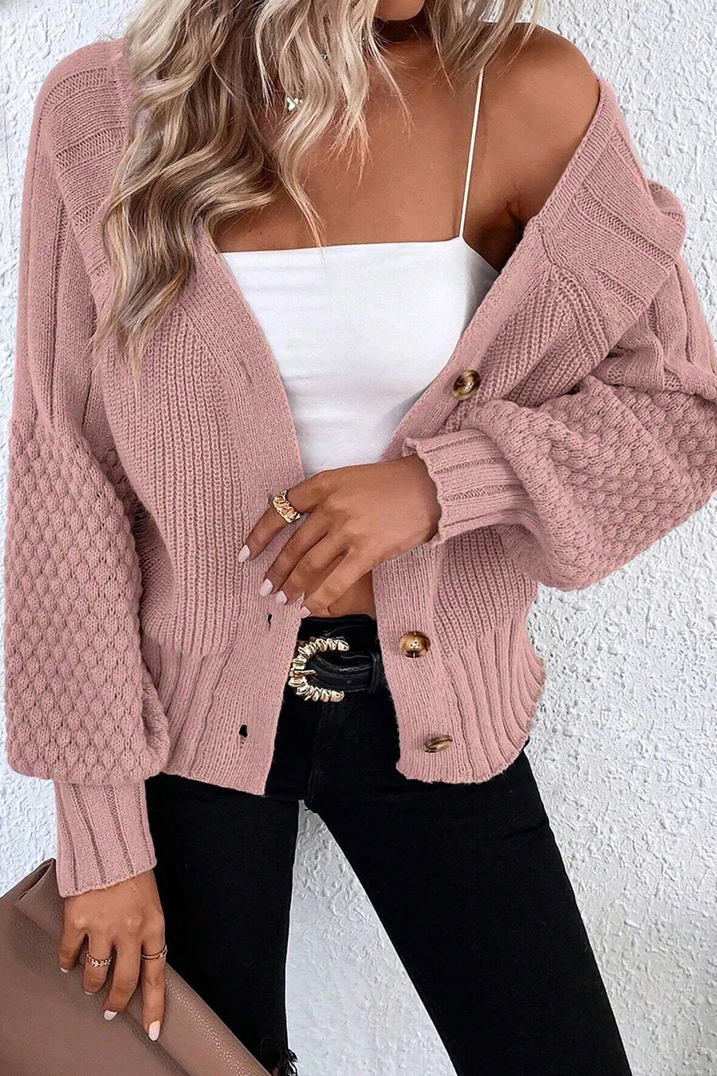 Mixed Texture Knit Button V Neck Sweater Cardigan -2 COLOR OPTIONS