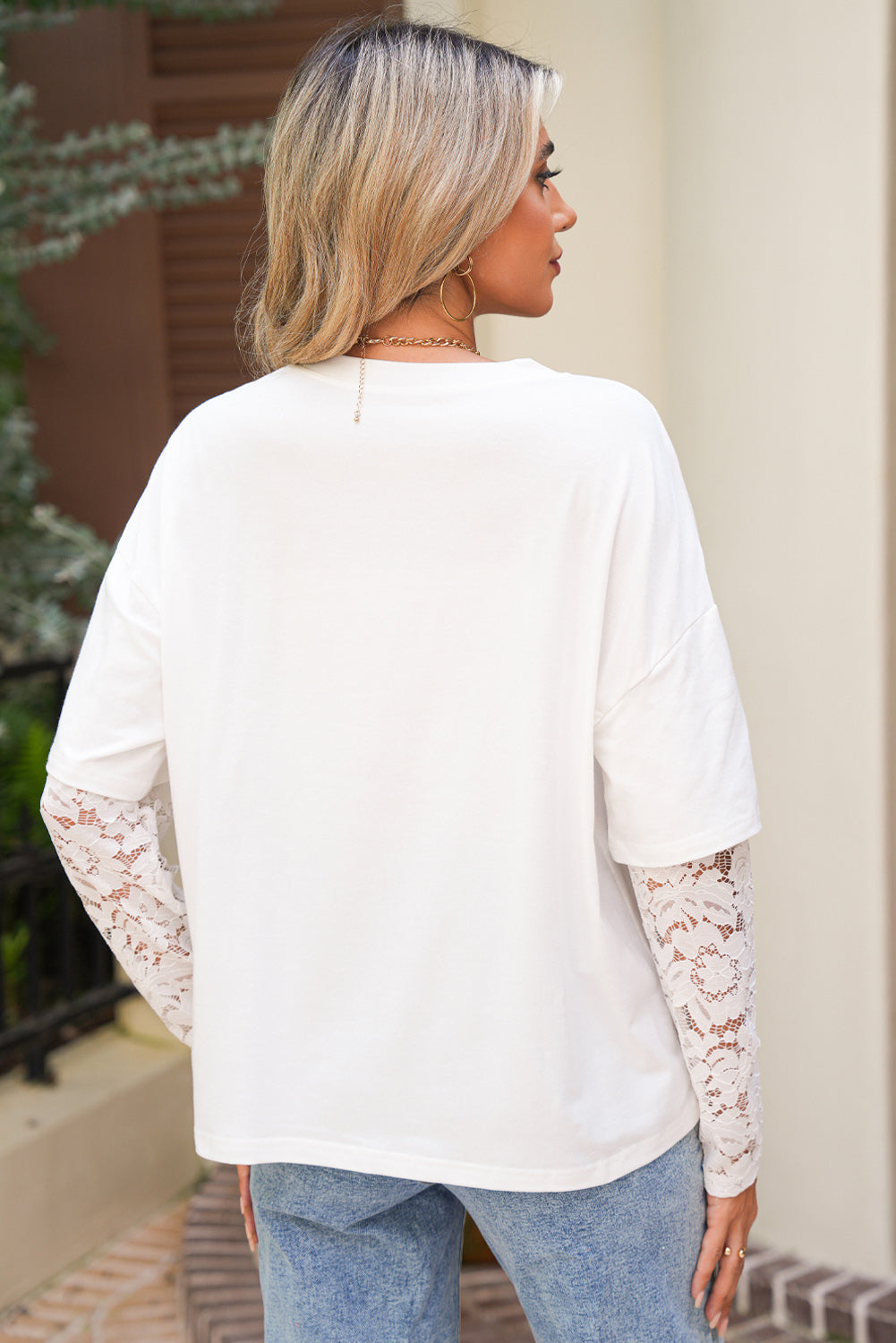 Designer Two-Piece Lace Long Sleeve Drop Shoulder Tee -2 COLOR OPTIONS