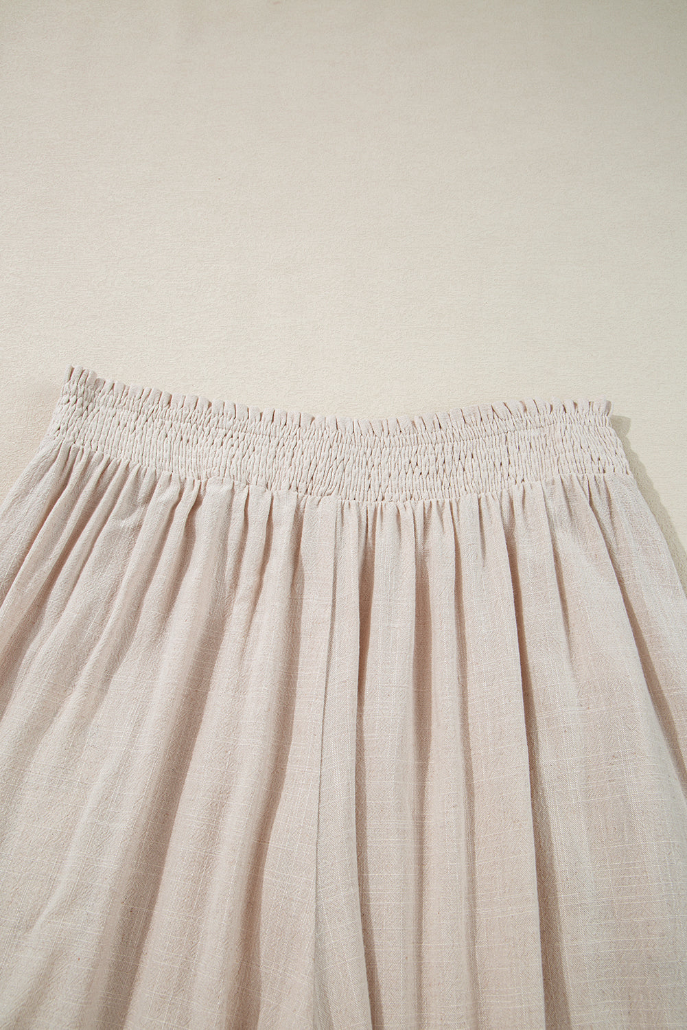 PLUS SIZE -Beige Frill Smocked Waist Wide Leg Plus Size Pants