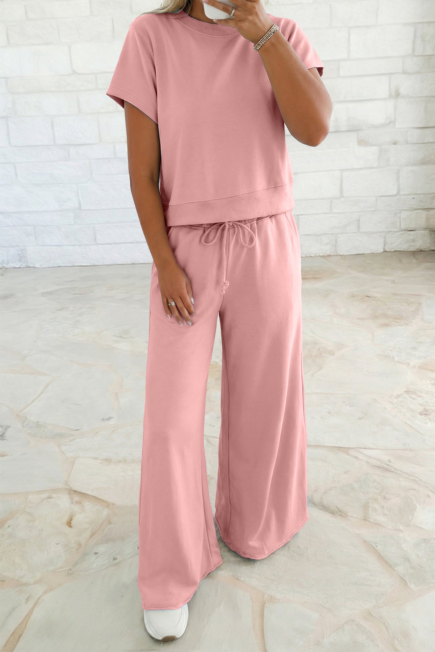Solid Color Loose Tee Drawstring Wide Leg Pants 2pcs Outfit -4 COLOR OPTIONS