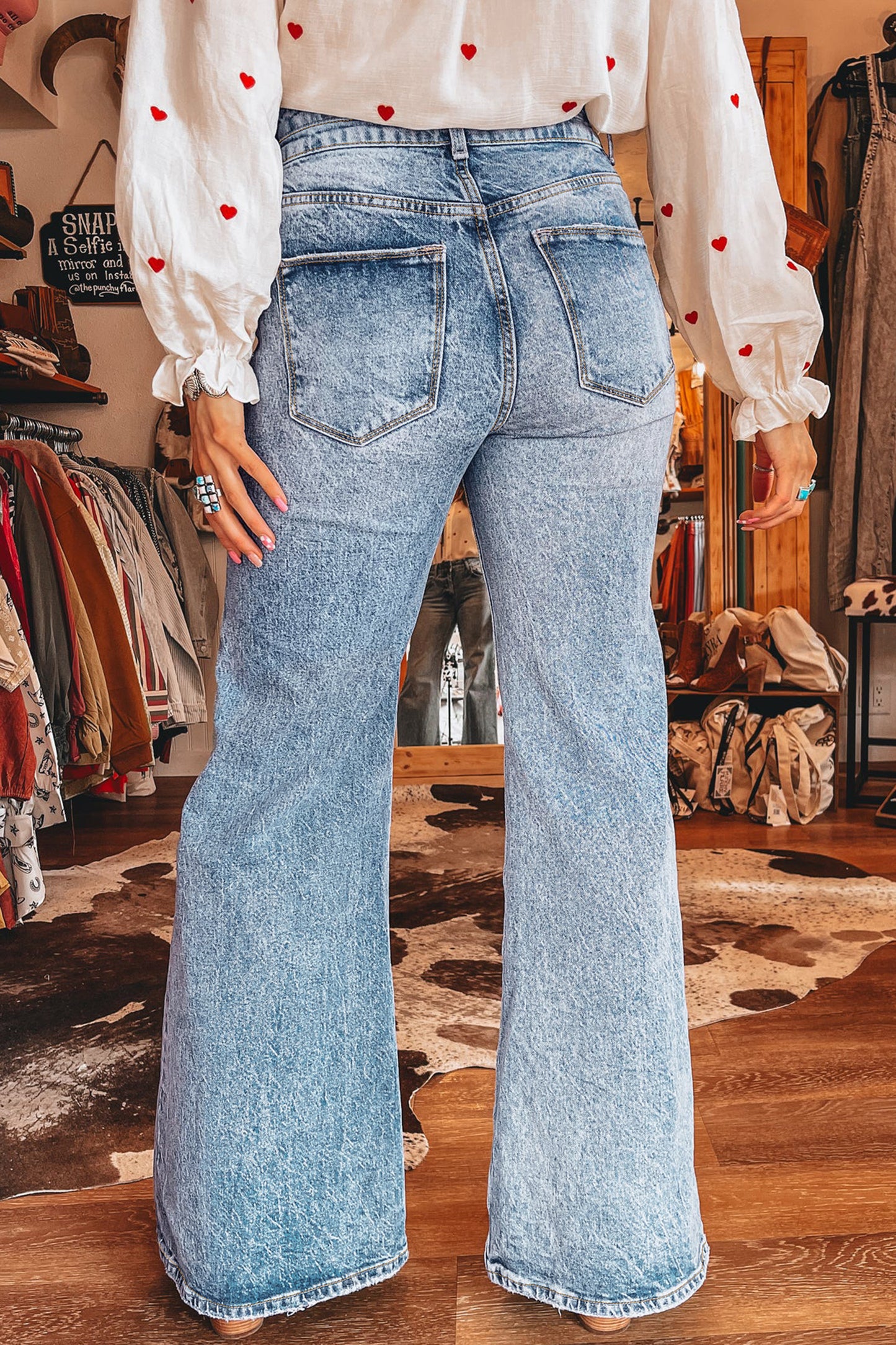 Blue Acid Wash Pocket Detail Flare Jeans -2 COLOR OPTIONS
